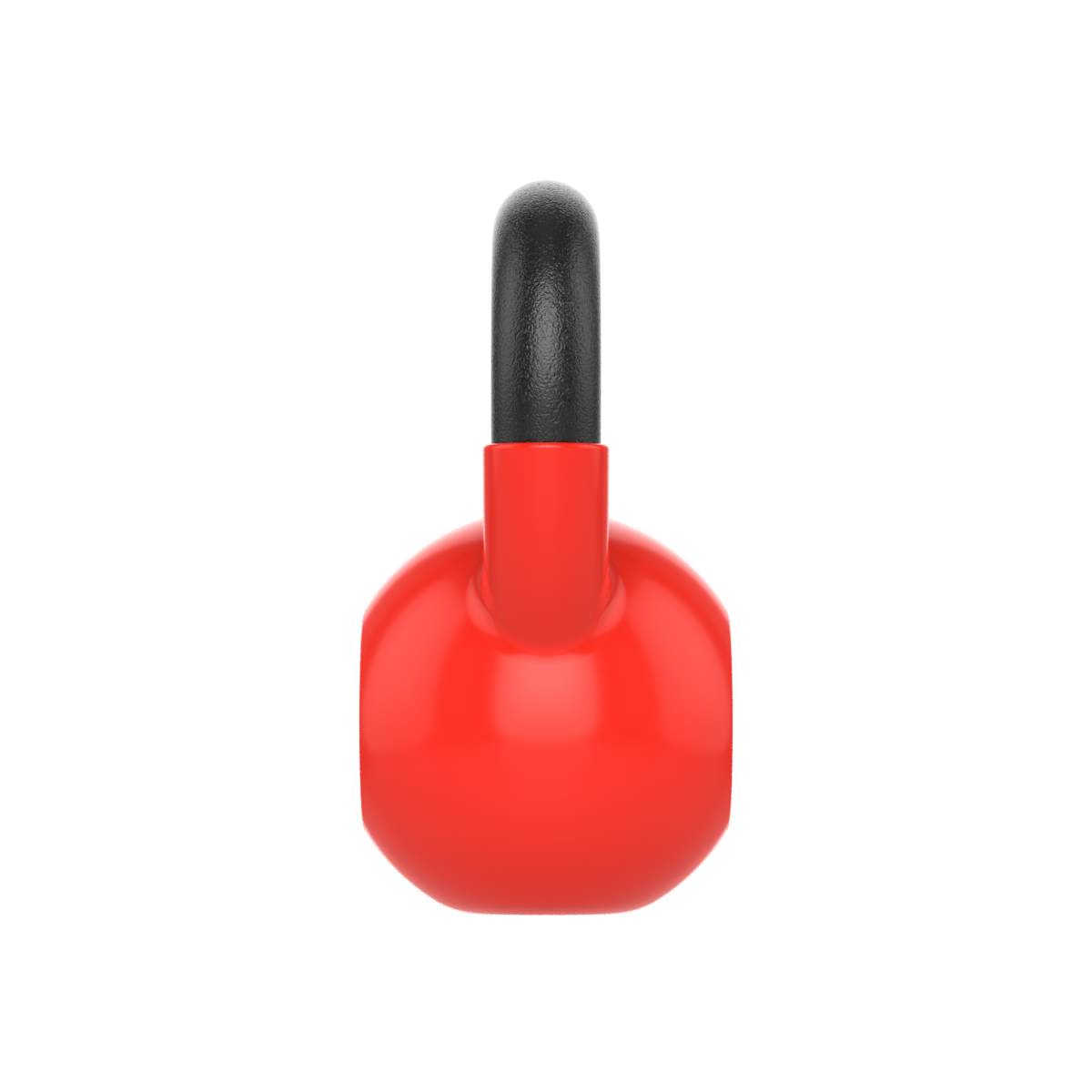 Een rode kettlebell met een zwarte handgreep, geïsoleerd op witte achtergrond.