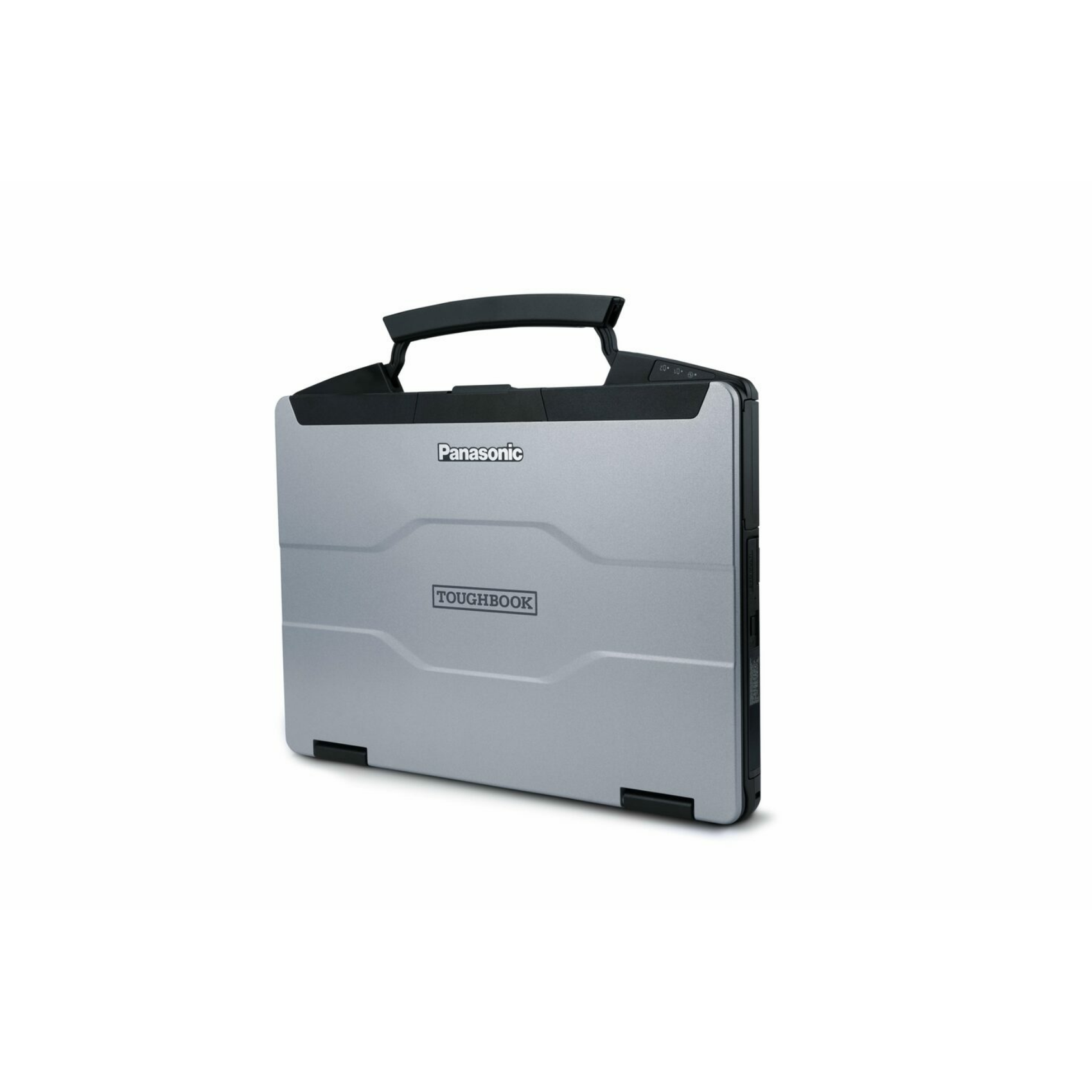 Un laptop Panasonic Toughbook argento e nero, angolato su sfondo bianco.