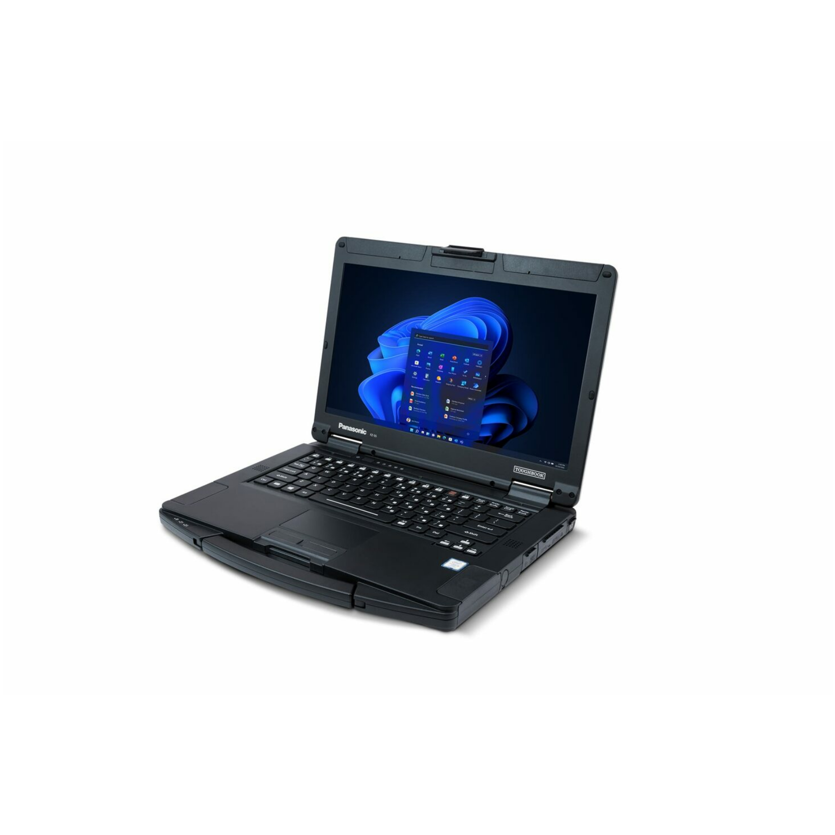 Laptop Panasonic nero con schermo aperto, che mostra il desktop di Windows, su sfondo bianco.