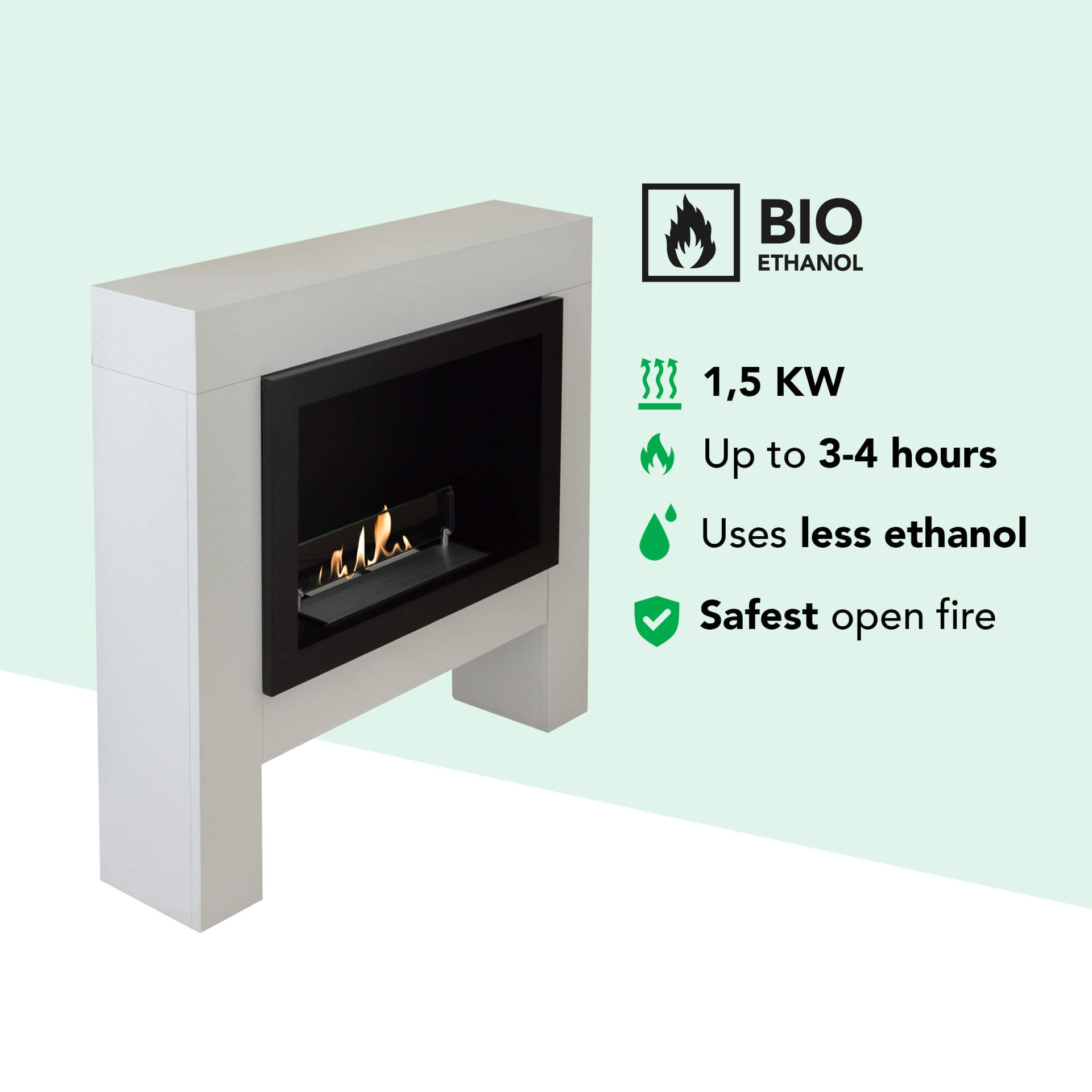 Een witte open haard met zwart interieur en vlam. Tekst geeft bio-ethanol, 1,5 kW en veiligste open vuur aan.