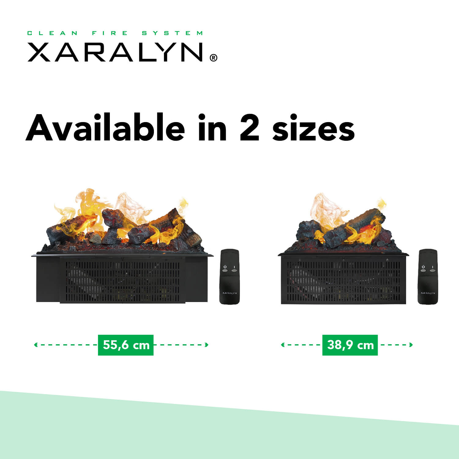 Advertentie voor Xaralyn-haarden. Er worden twee modellen getoond, één van 55,6 cm en de andere van 38,9 cm breed. Beide hebben vlammen en afstandsbedieningen.