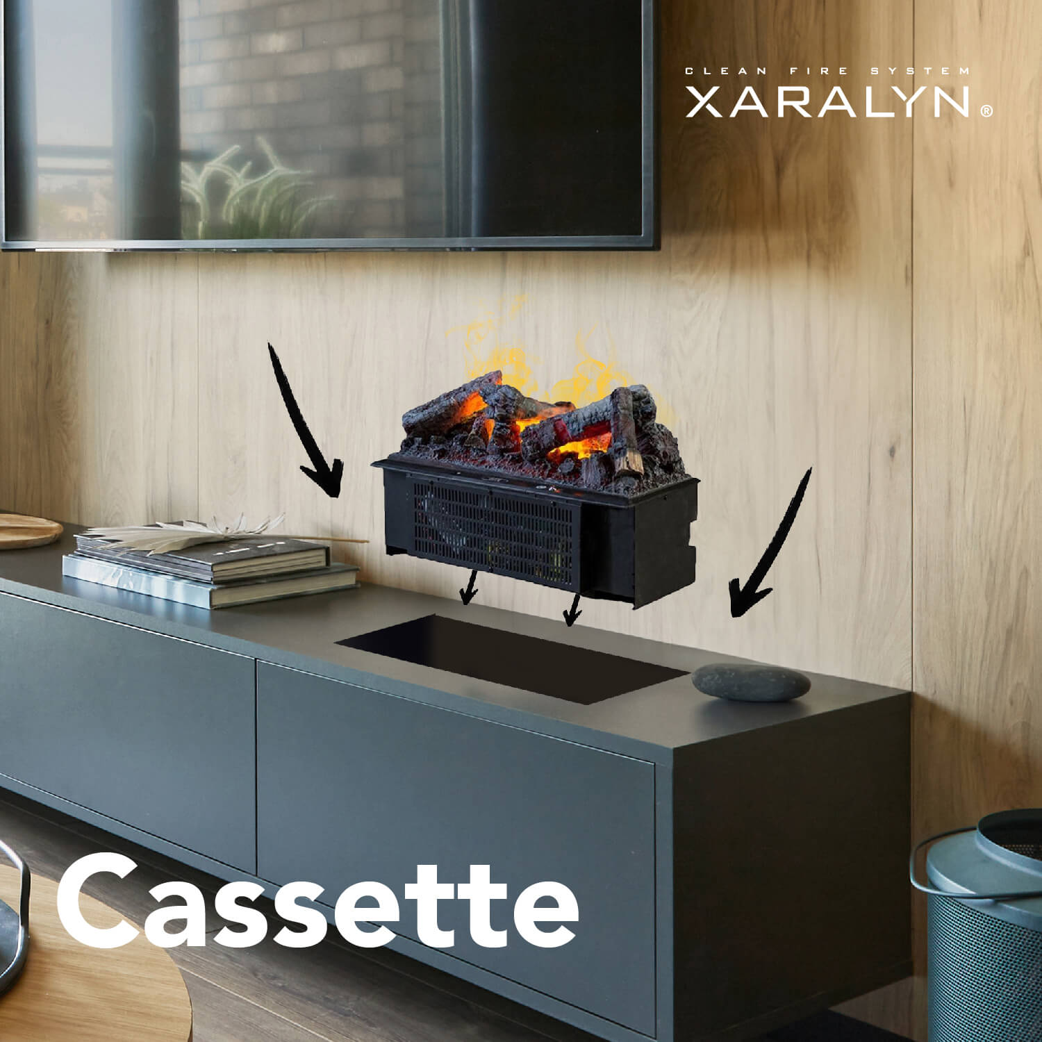 Een zwarte kast bevat een Cassette-haard. Pijlen wijzen naar de haard en de locatie. Een tv staat boven de kast.