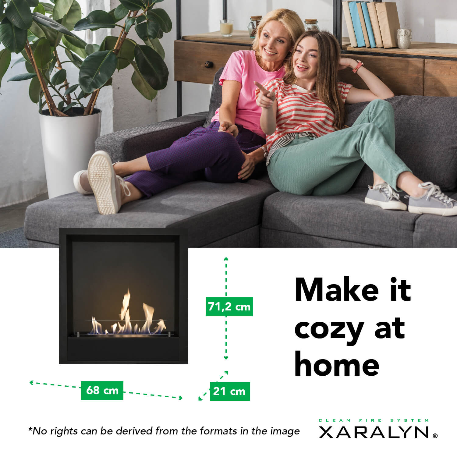 Twee vrouwen op een grijze bank. Eén wijst. Een open haard en de tekst 'Make it cozy at home' staan in de afbeelding.