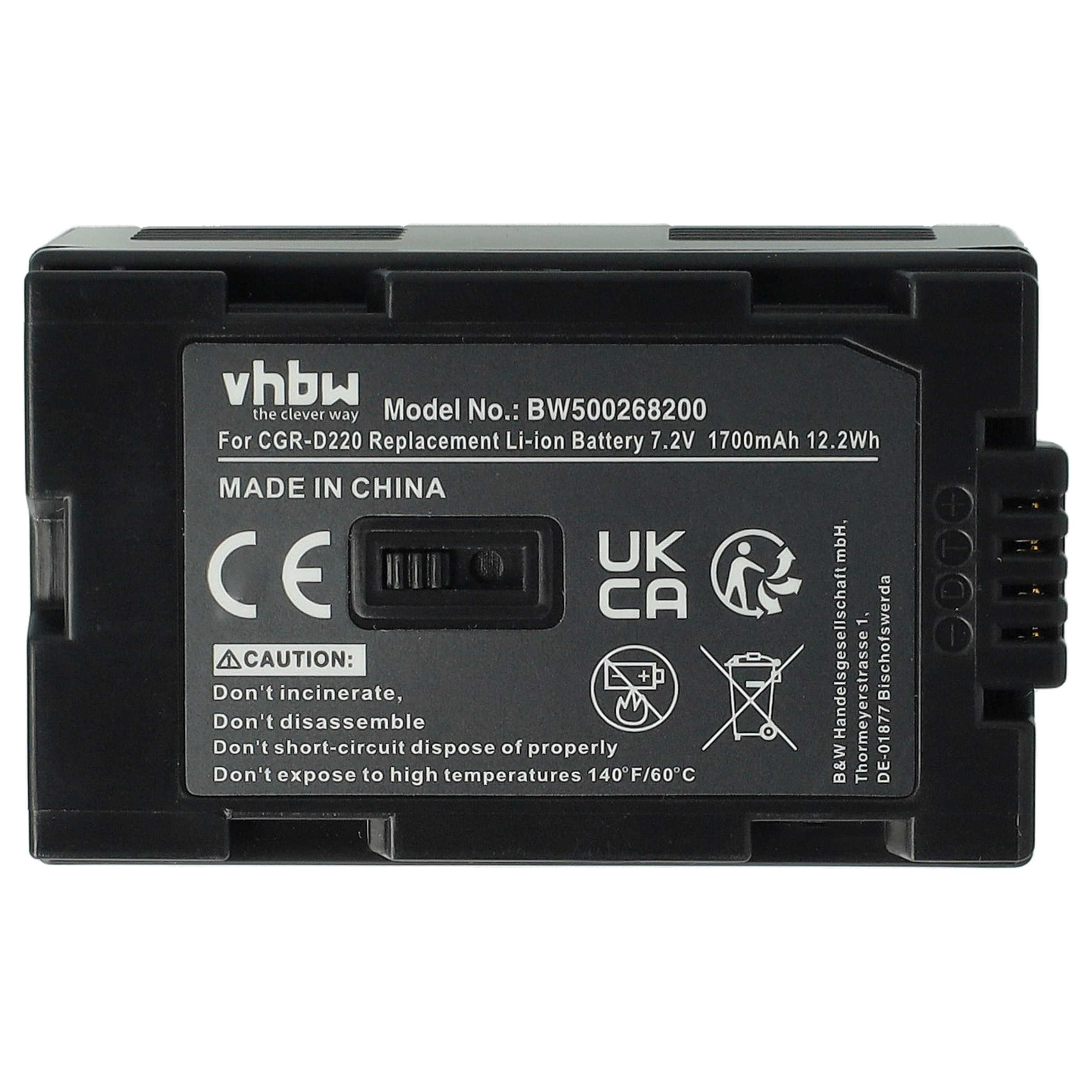 Schwarzer Akku mit Text: vhbw, Modell BW500268200, 7,2 V, 1700 mAh und Warnhinweisen. Weißer Hintergrund.