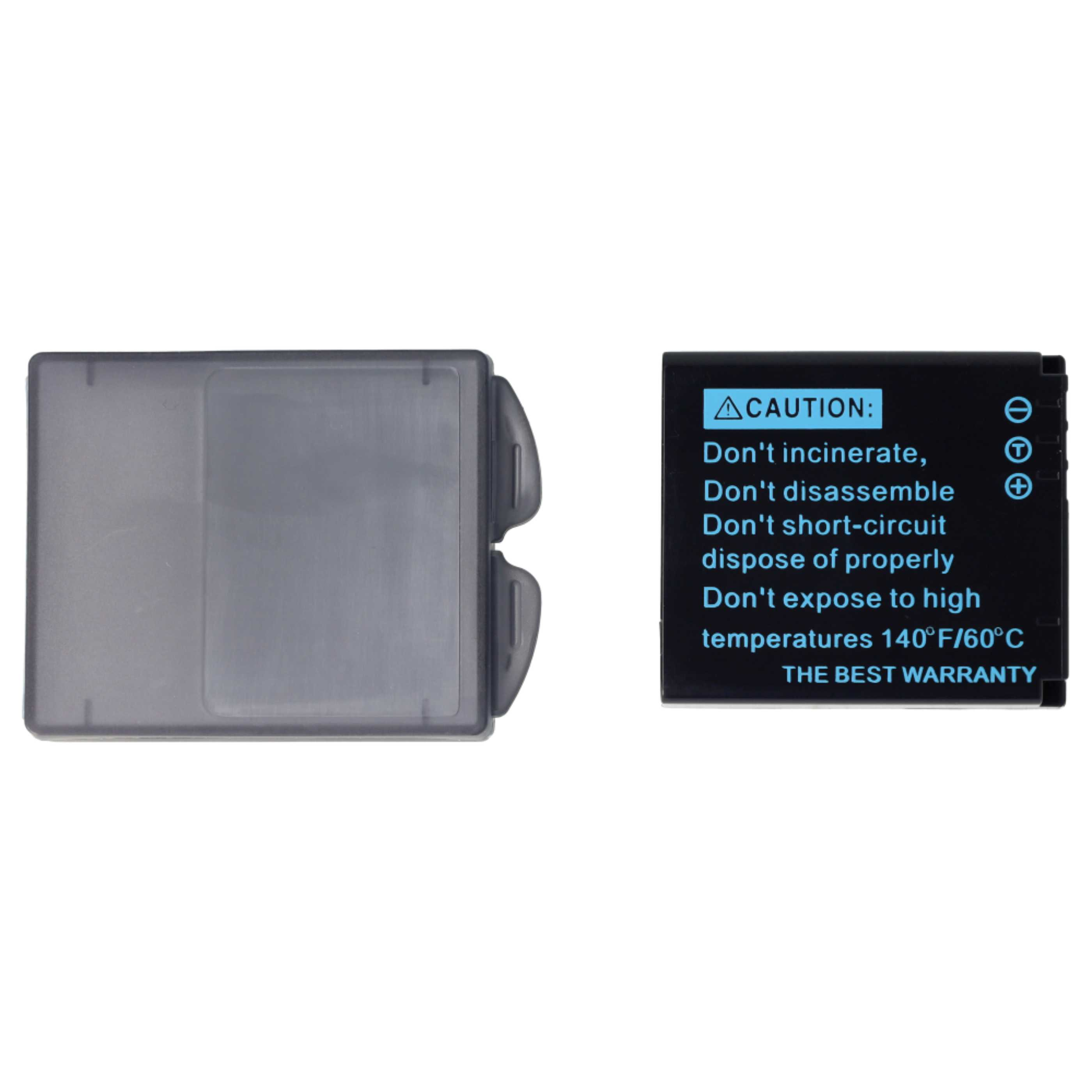 Eine schwarze Batterie mit klarer Kunststoffabdeckung und einem Etikett mit Vorsichtshinweisen, einschließlich Temperaturgrenzen.