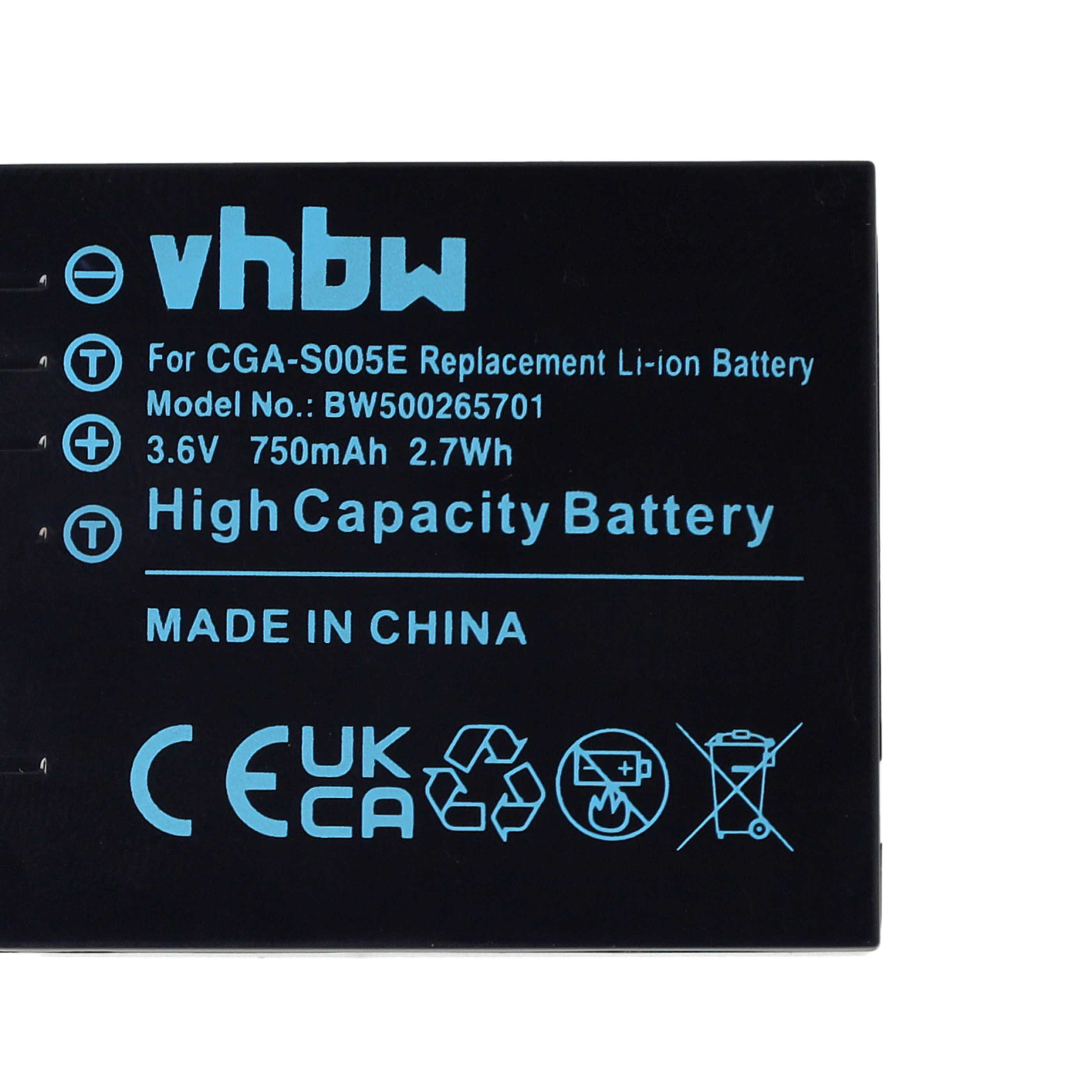 Schwarze Batterie. Aufschrift: Für CGA-S005E Ersatz-Li-Ionen-Batterie. Der Hintergrund ist weiß.