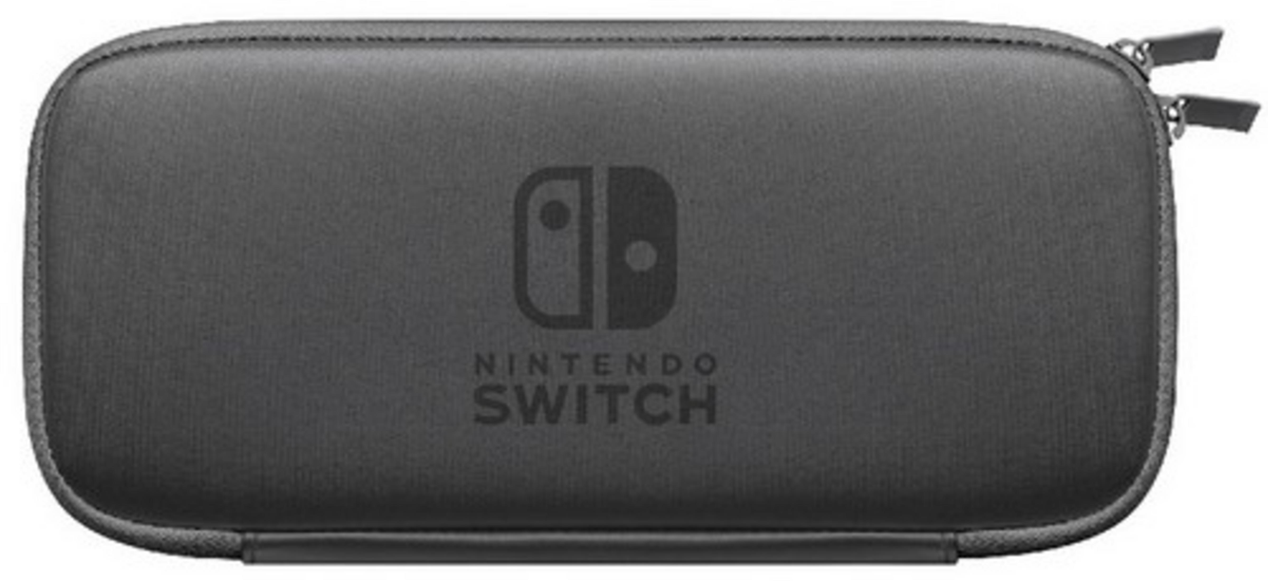 Graue Nintendo Switch Tragetasche mit dem Nintendo Switch Logo. Dunkelgrau mit Reißverschluss.