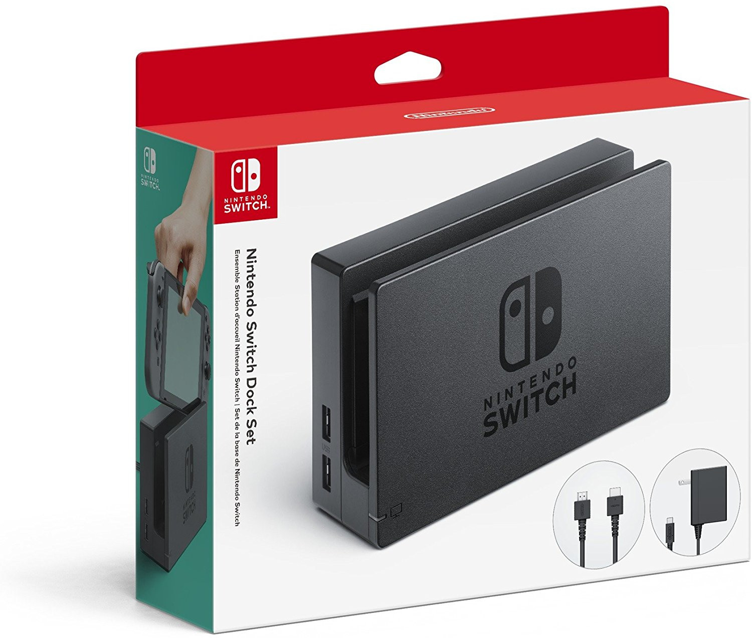 Une boîte Nintendo Switch Dock Set avec une station d'accueil Switch et des accessoires, ainsi qu'une manette Joy-Con.