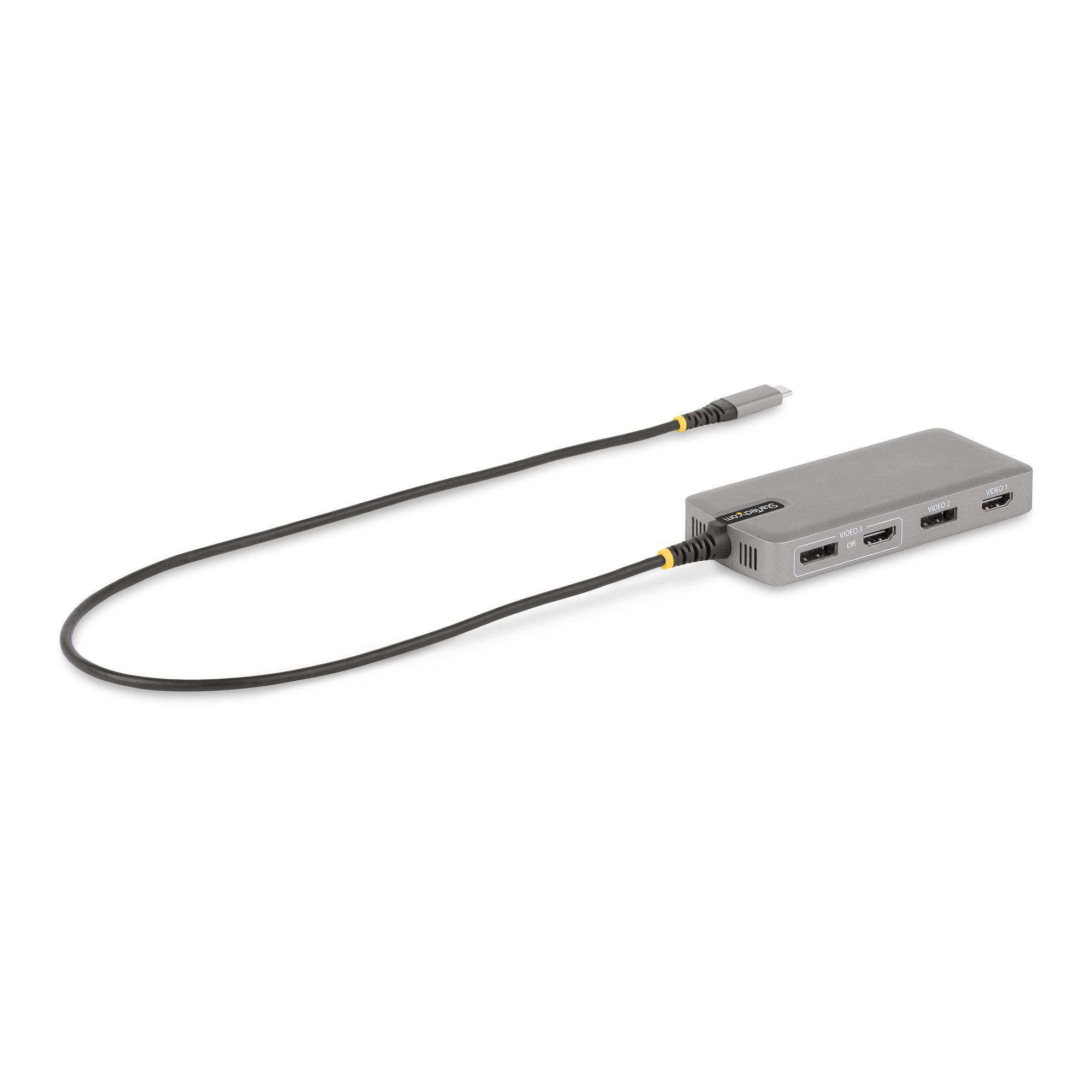 Grauer USB-C-Hub mit mehreren Anschlüssen und einem schwarzen Kabel. Weißer Hintergrund.