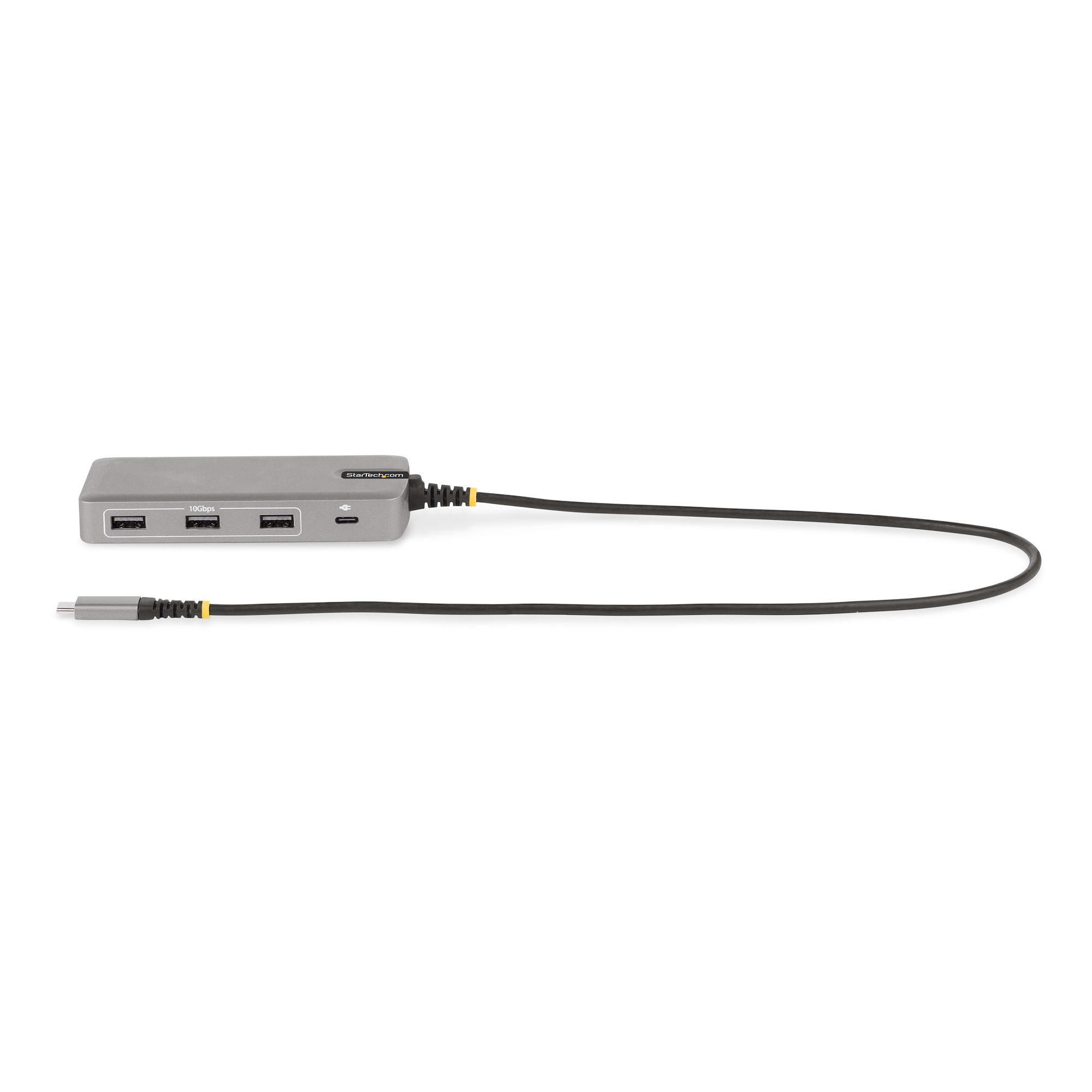 Ein silberner USB-Hub mit schwarzem Kabel. Hat USB- und USB-C-Anschlüsse und ein StarTech.com-Logo darauf.