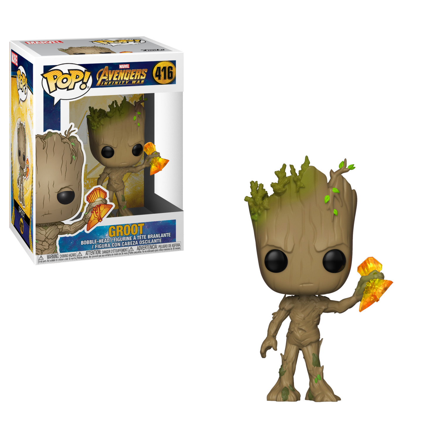 Groot-Figur mit Box. Hält ein Licht. Weißer Hintergrund.