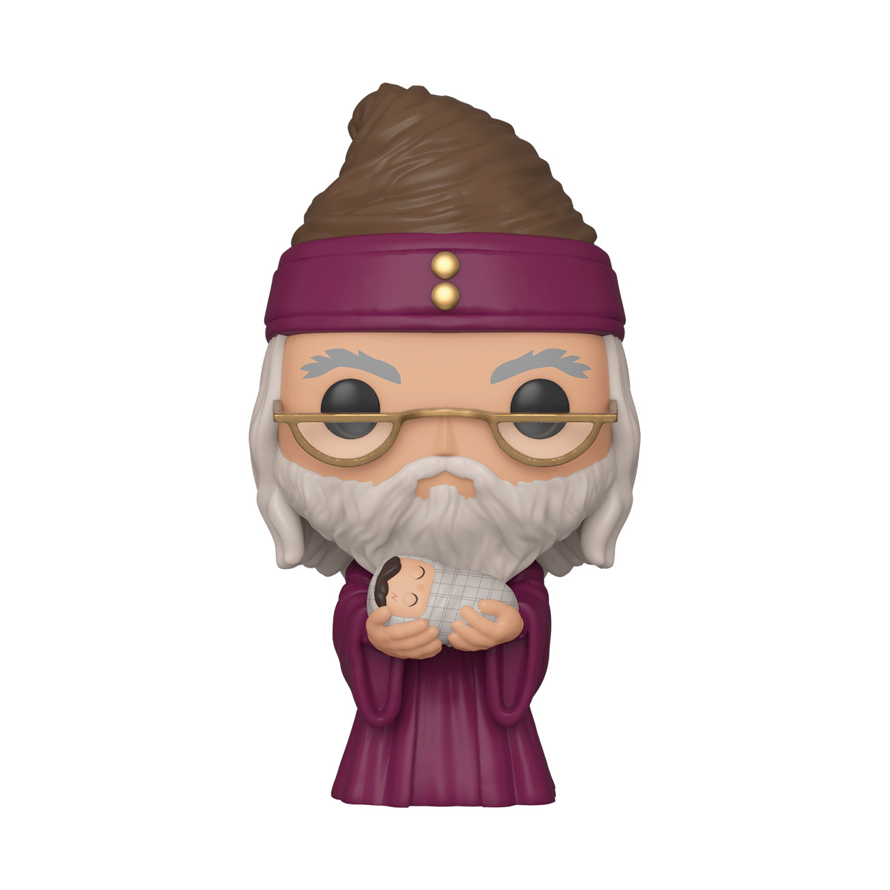 Figurina Funko Pop di Silente che tiene in braccio un bambino, su sfondo bianco.