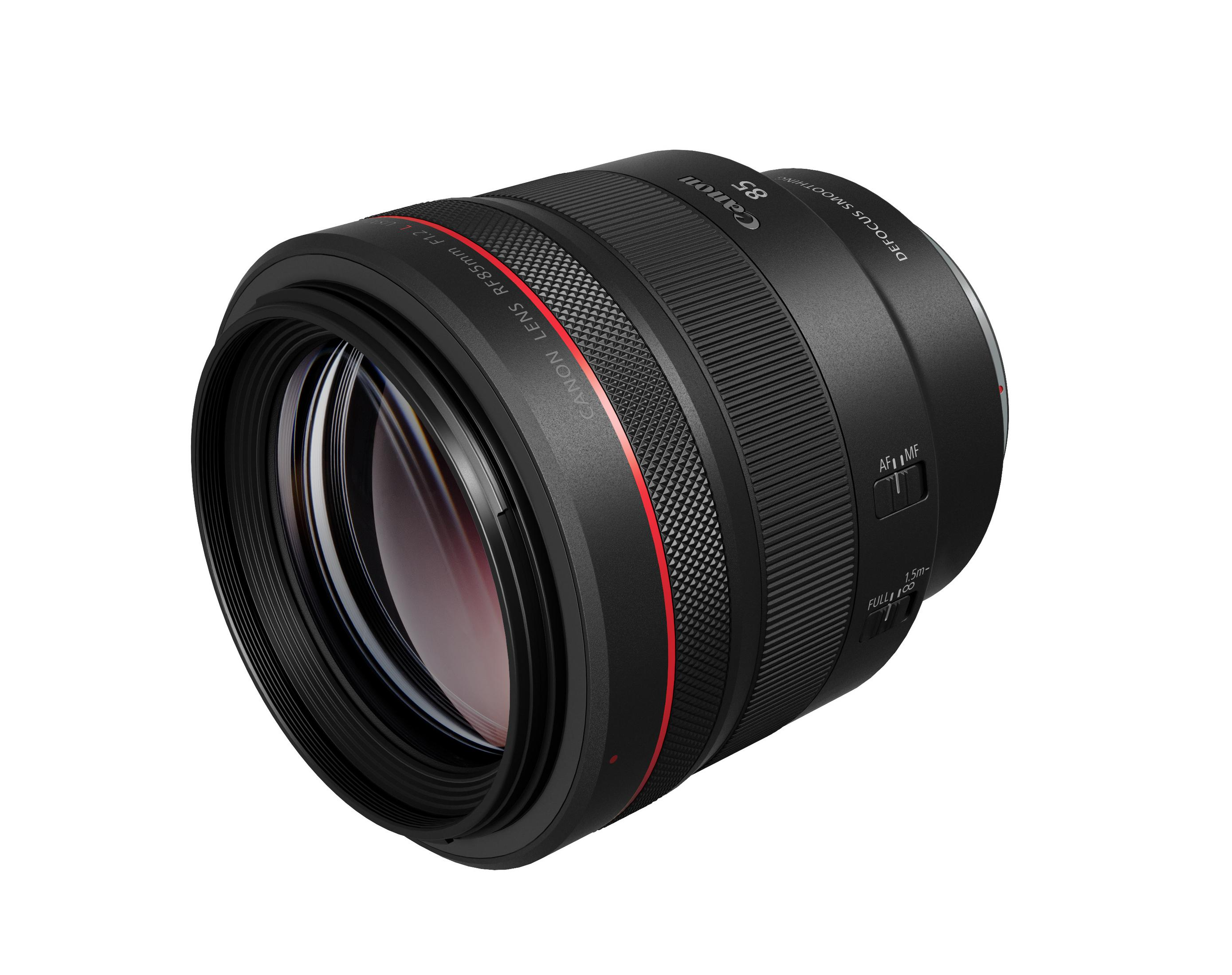 Canon RF 85mm Objektiv mit rotem Ring. Das Objektiv ist schwarz und hat einen Fokus- und Blendenring.