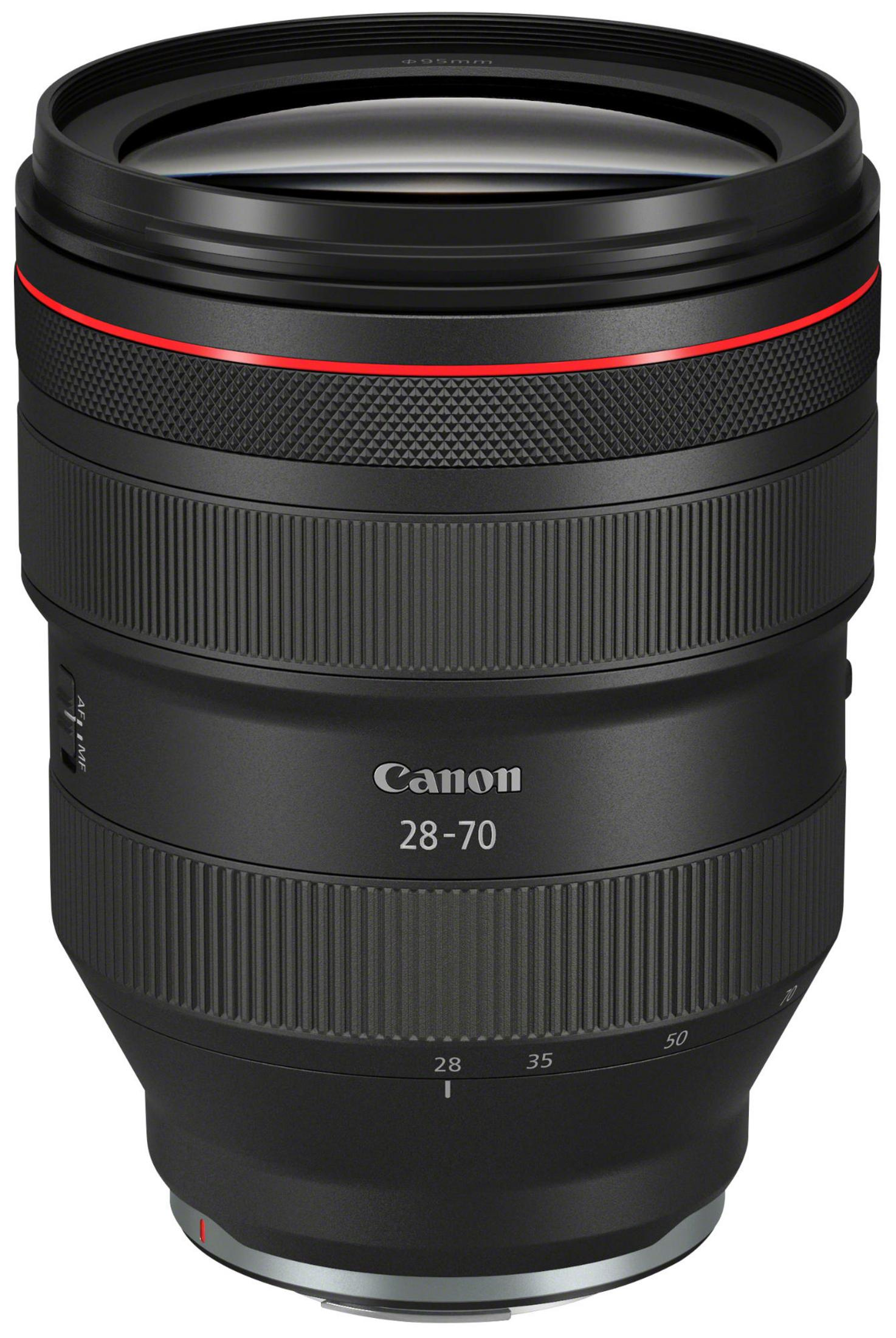 Una lente de cámara Canon negra con un anillo rojo. Tiene varios anillos con números y texto.