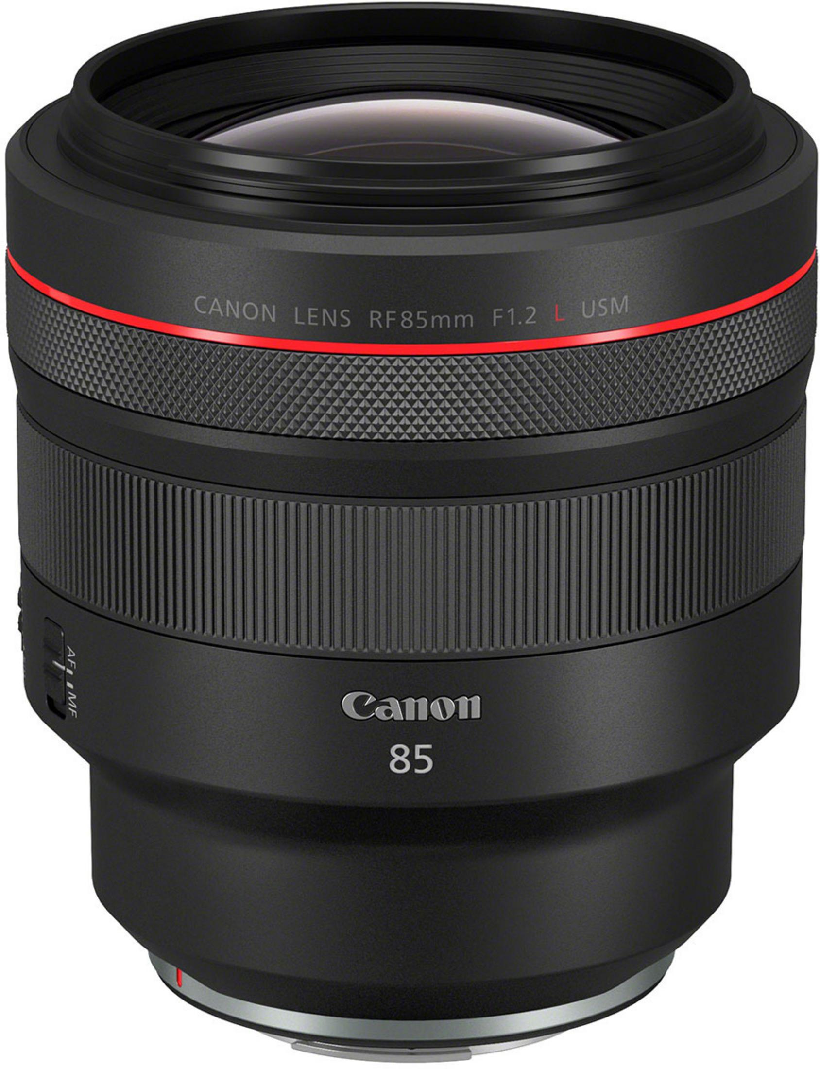 Lente Canon. Negro con anillo rojo. Escrito 'Canon Lens RF85mm F1.2 L USM'.