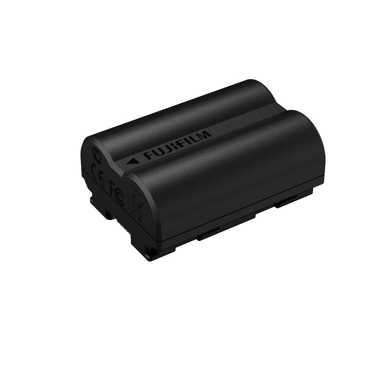 Batteria per fotocamera Fujifilm nera su sfondo bianco.