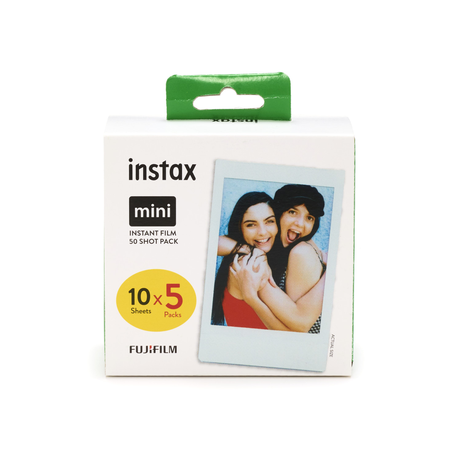 Pudełko z filmem Instax mini. Zawiera film do zdjęć. Pokazuje zdjęcie dwóch kobiet. 10x5 arkuszy. Marka Fujifilm.