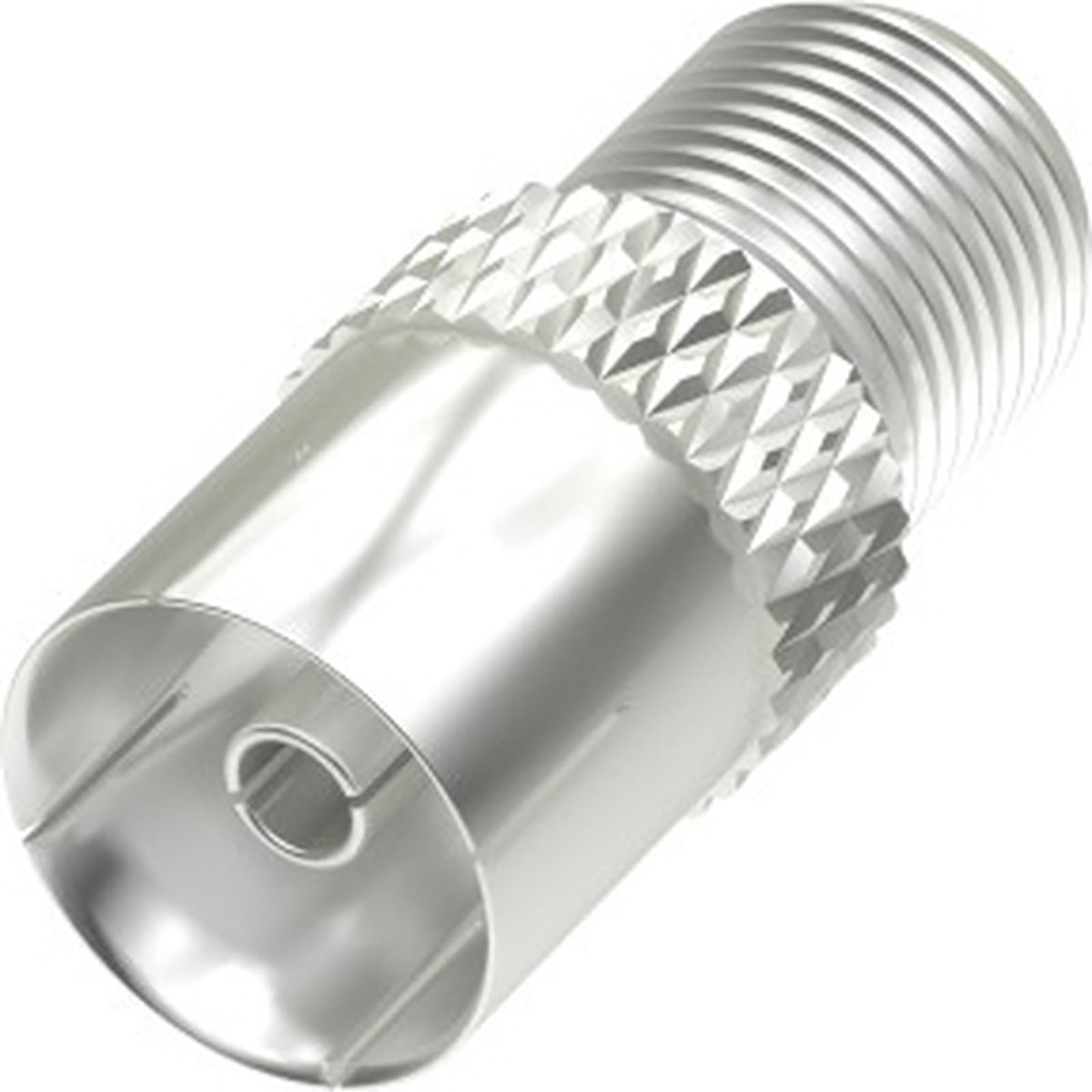 Ein silberfarbener Metallverbinder mit Rillen außen, zylindrische Form.
