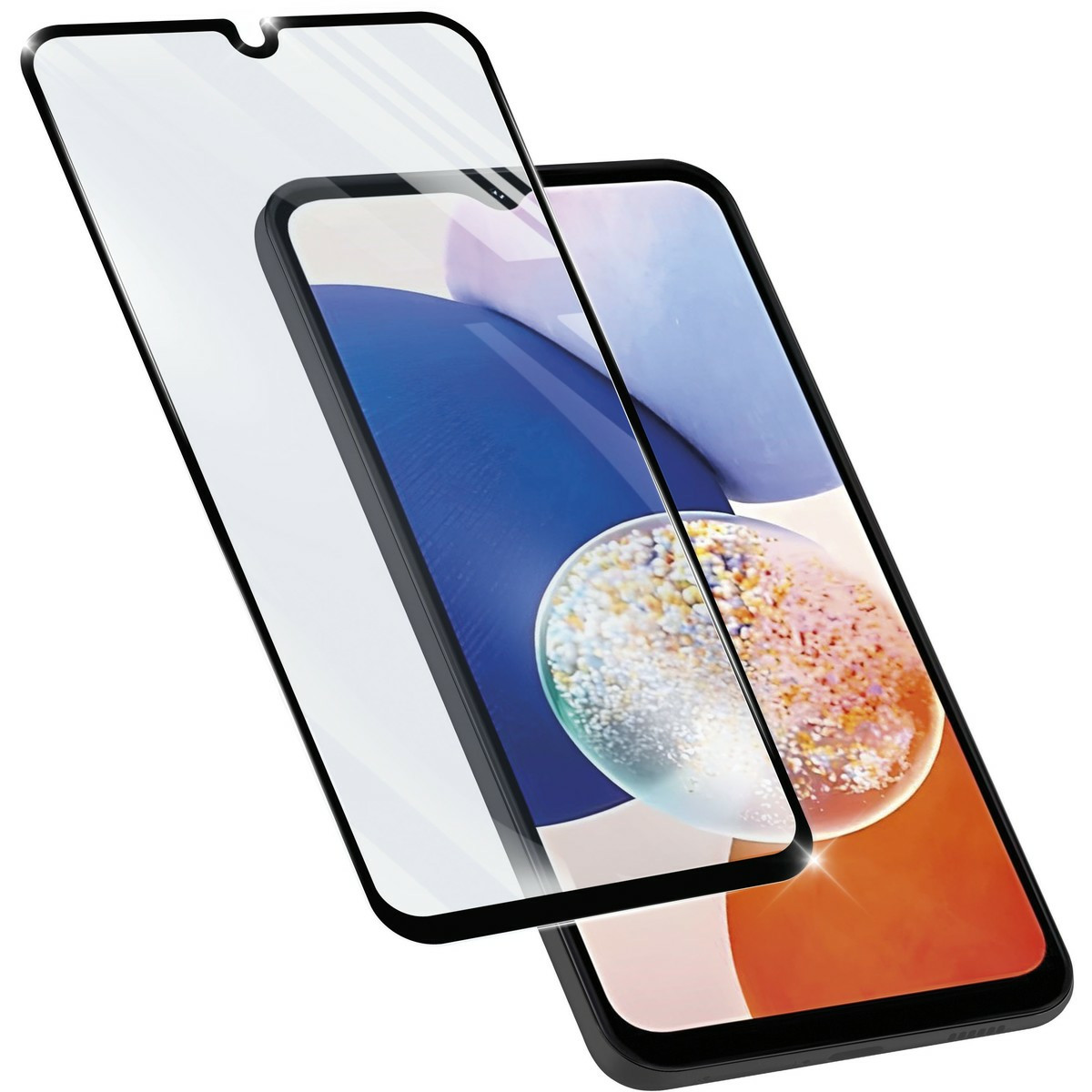 Uno schermo di smartphone con una protezione per lo schermo in applicazione, che mostra uno sfondo colorato.