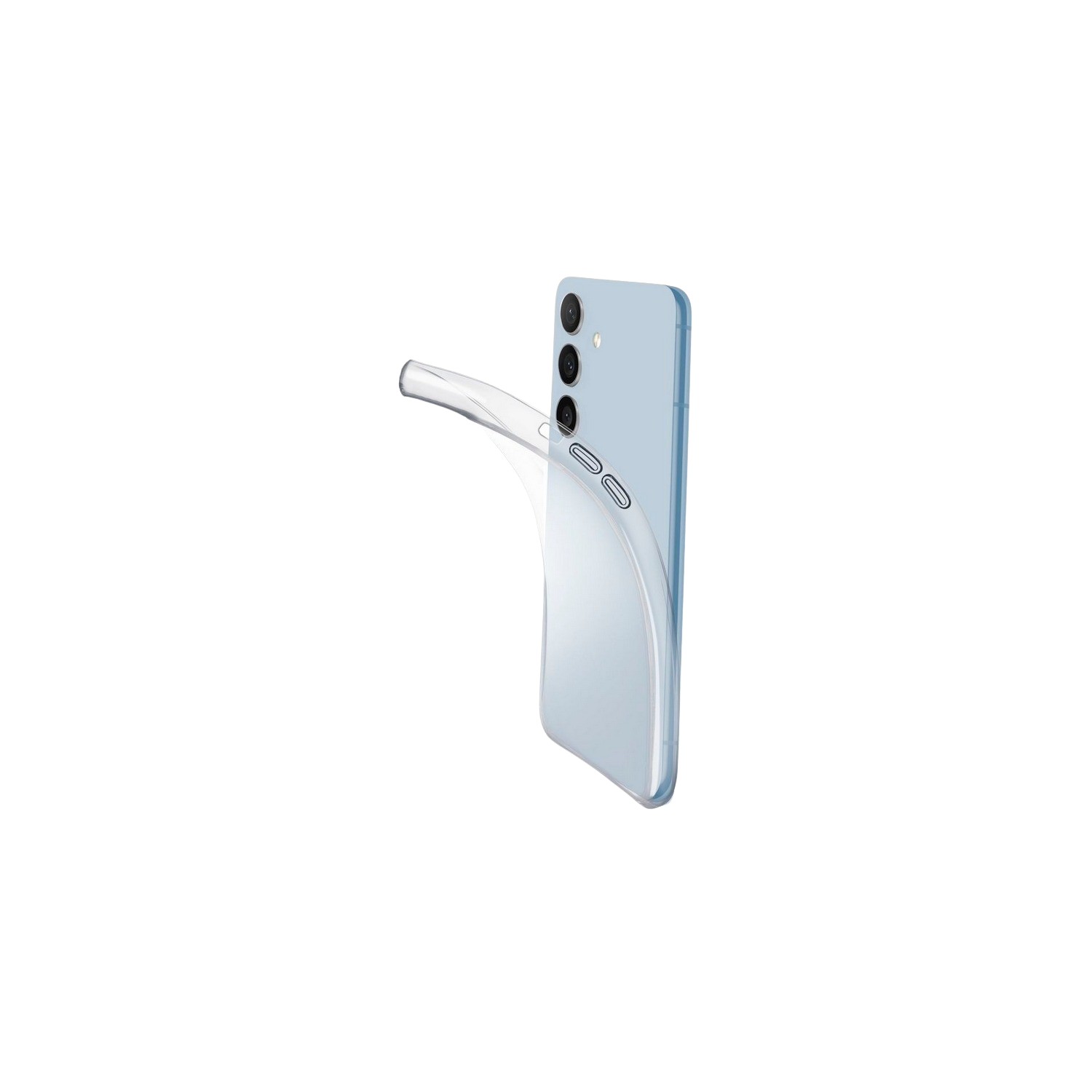Un telefono blu con custodia trasparente, angolato.