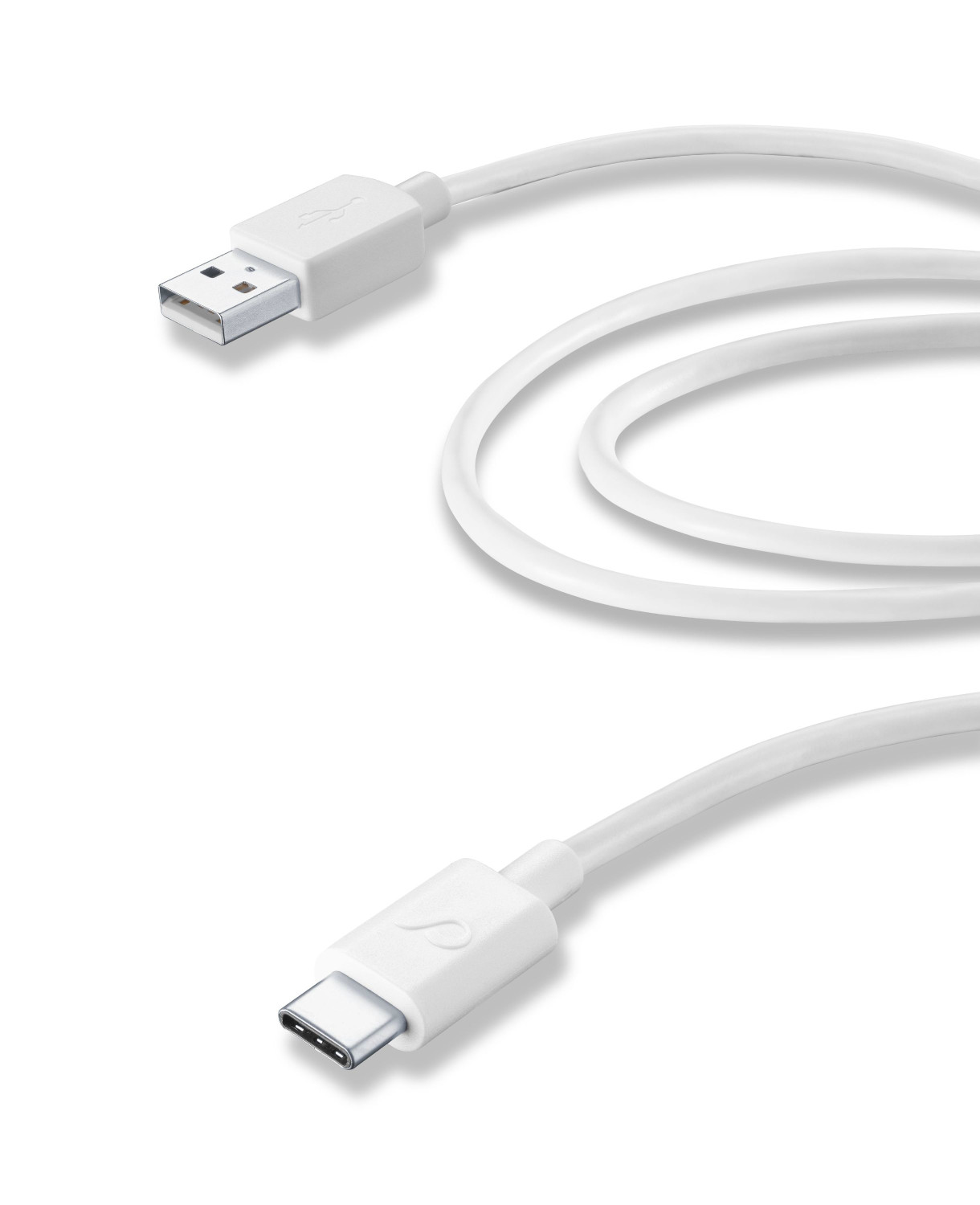 Weißes USB-zu-USB-C-Kabel, mit sichtbaren Anschlüssen auf weißem Hintergrund.