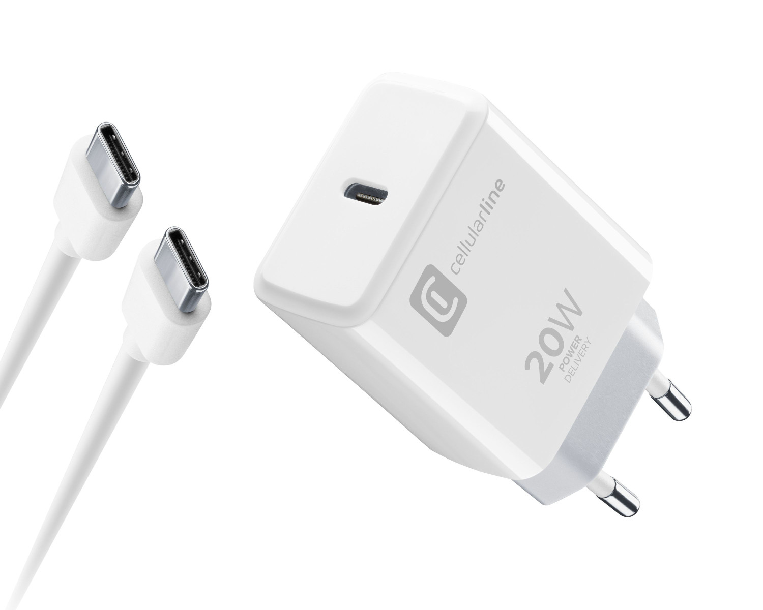 Weißes 20-W-Ladegerät, zwei weiße Kabel mit USB-C-Anschlüssen. Das Ladegerät hat den Markennamen und das Logo.
