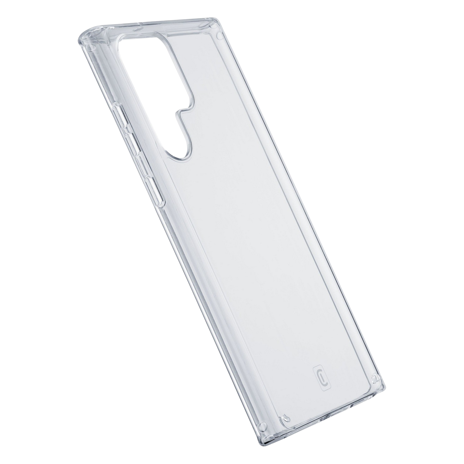 Funda transparente para teléfono con esquinas redondeadas, en ángulo sobre fondo negro.