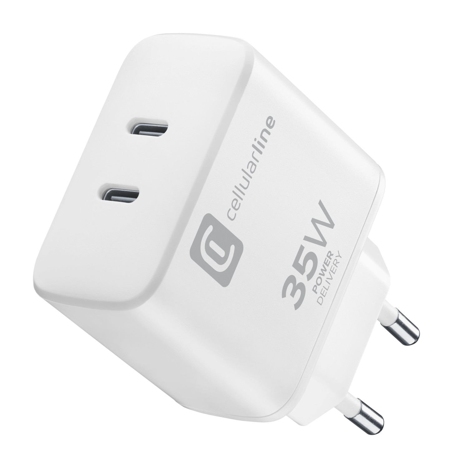Caricabatterie cellularline bianco con 2 porte USB-C. È 35W. Il logo è sul caricabatterie.