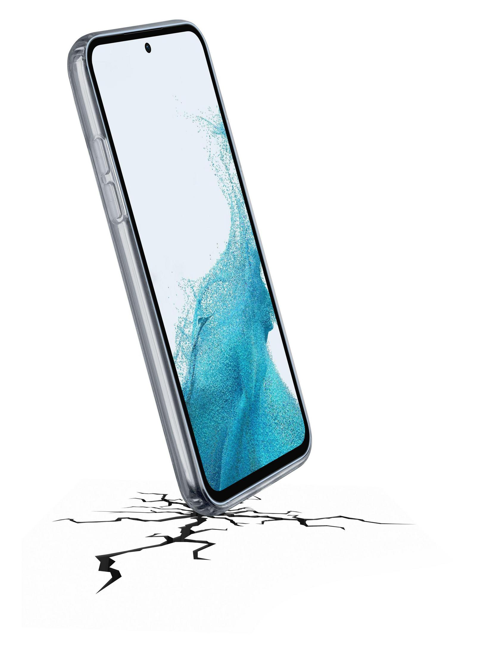 Ein Smartphone in einer Hülle, das stürzt und die Oberfläche darunter aufreißt.