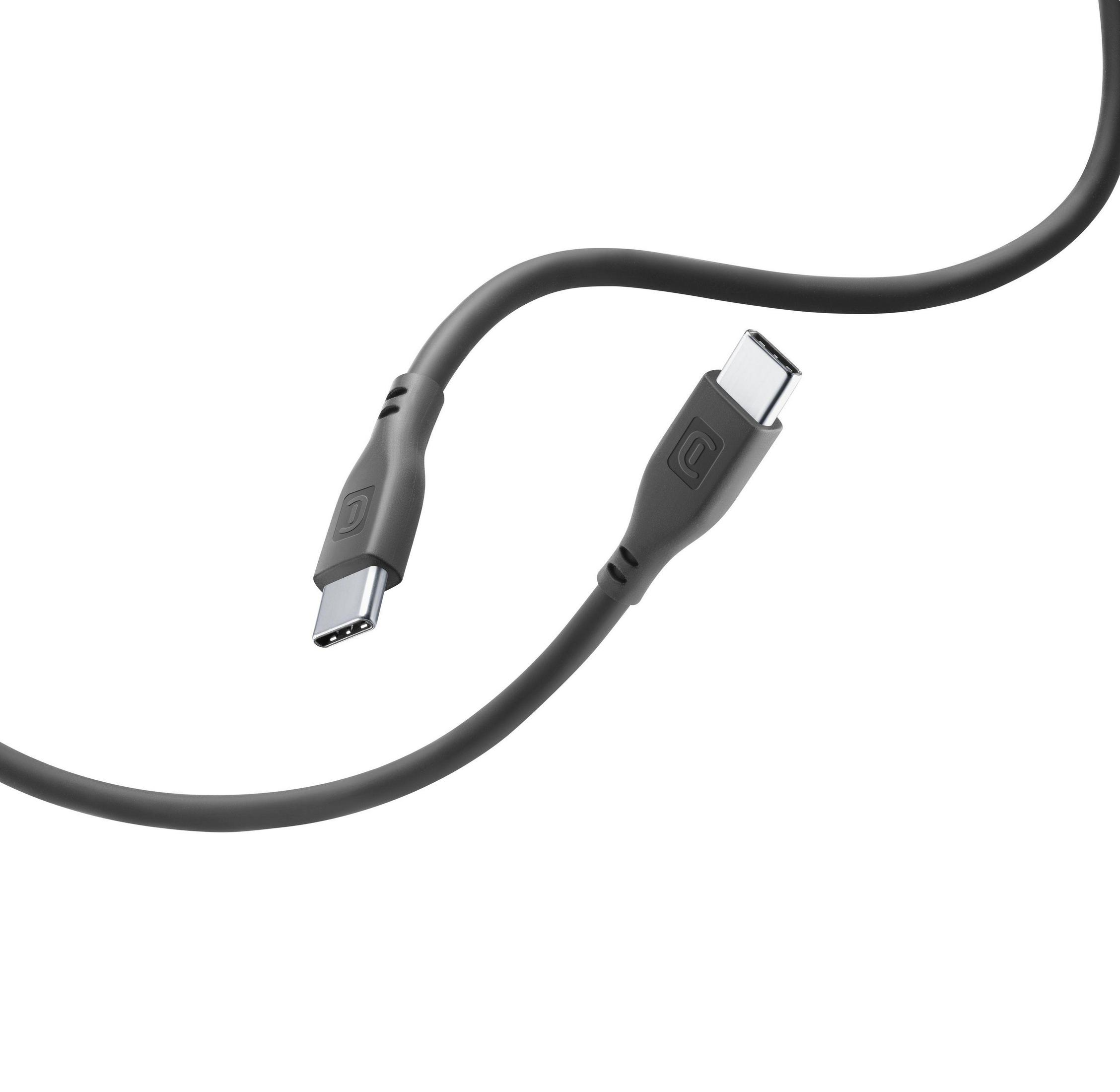Donkergrijze USB-C-kabel met twee connectoren. Witte achtergrond.