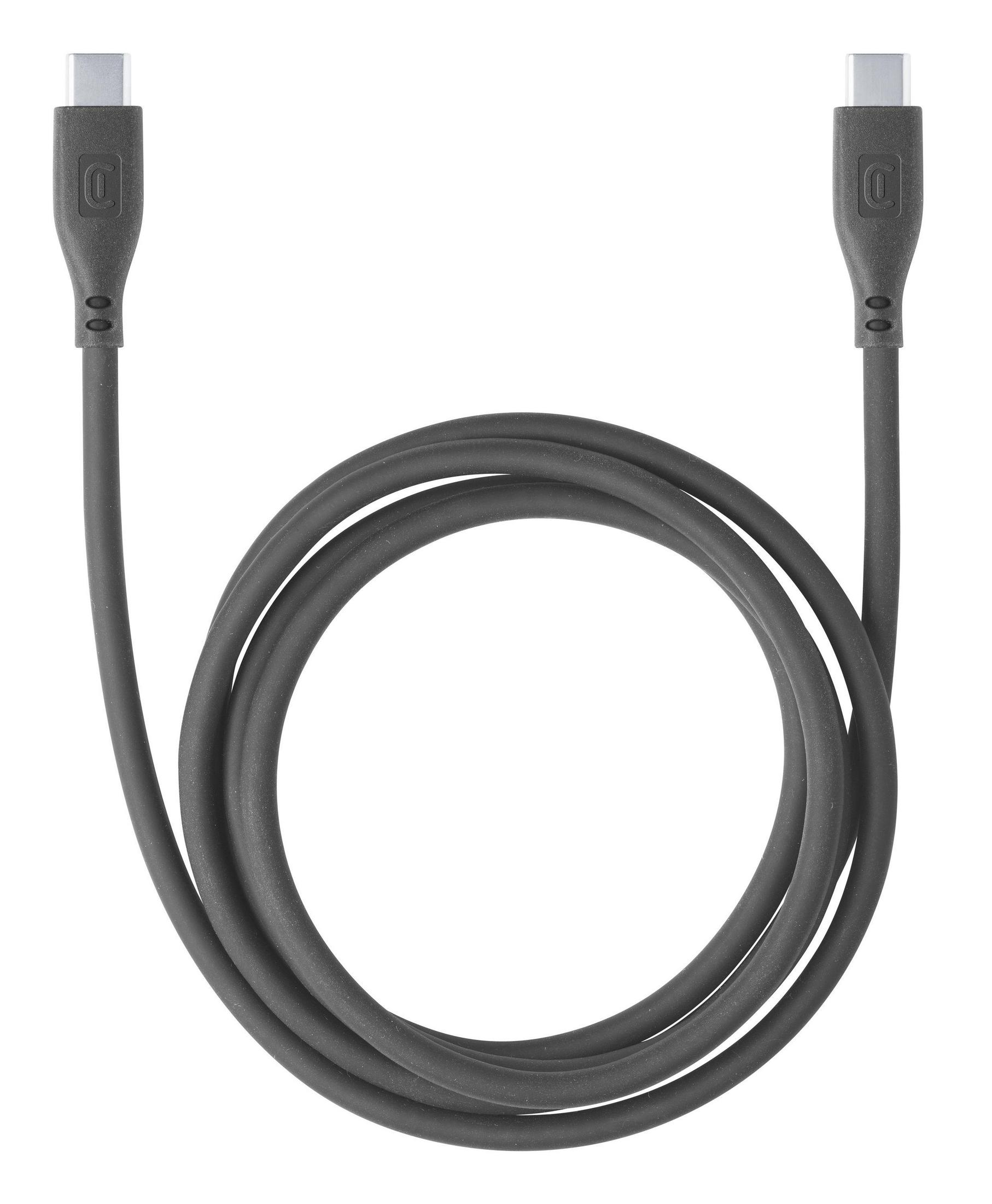 Grijze USB-C-kabel, opgerold. De kabel heeft twee USB-C-connectoren.