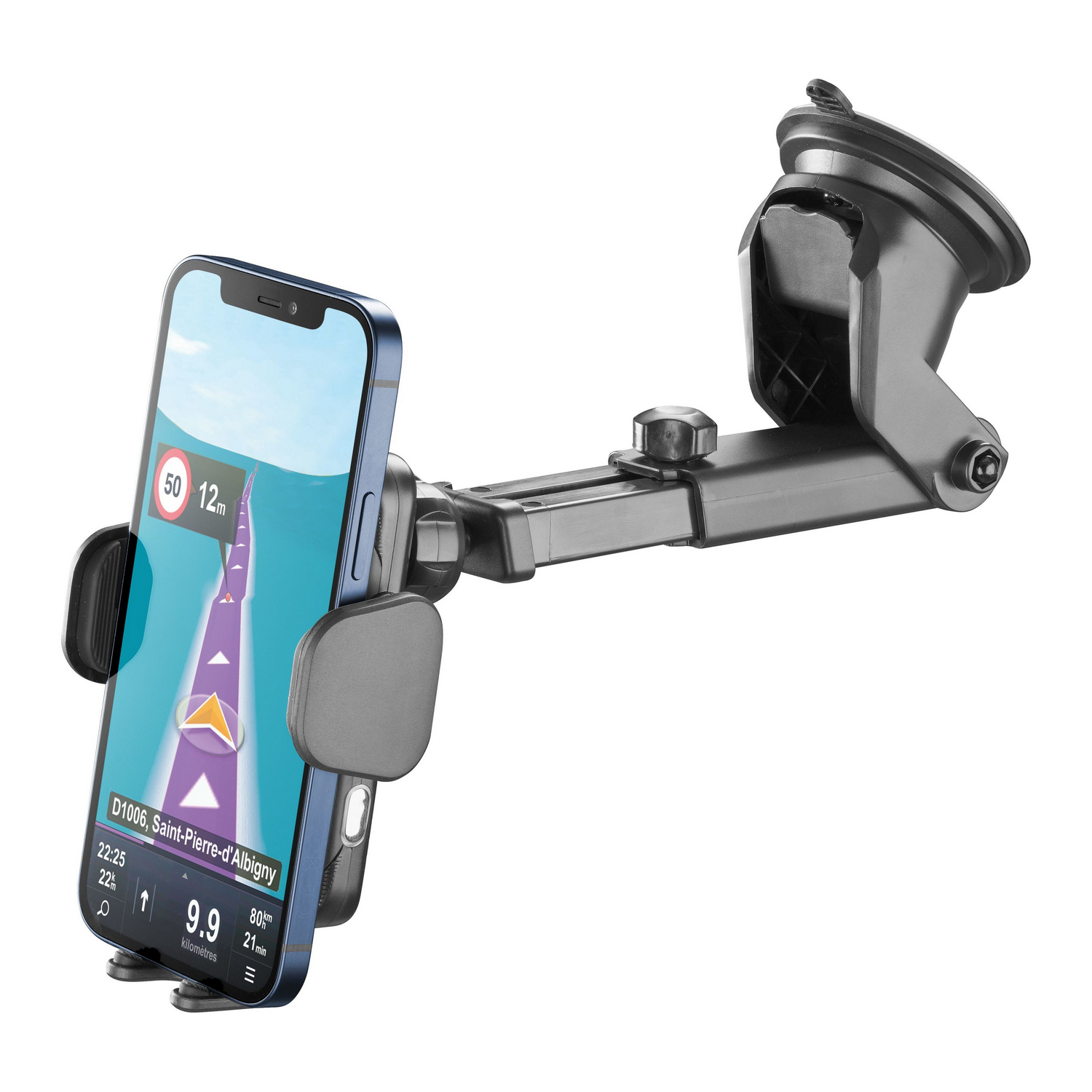 Un smartphone en un soporte de coche que muestra una aplicación de navegación.