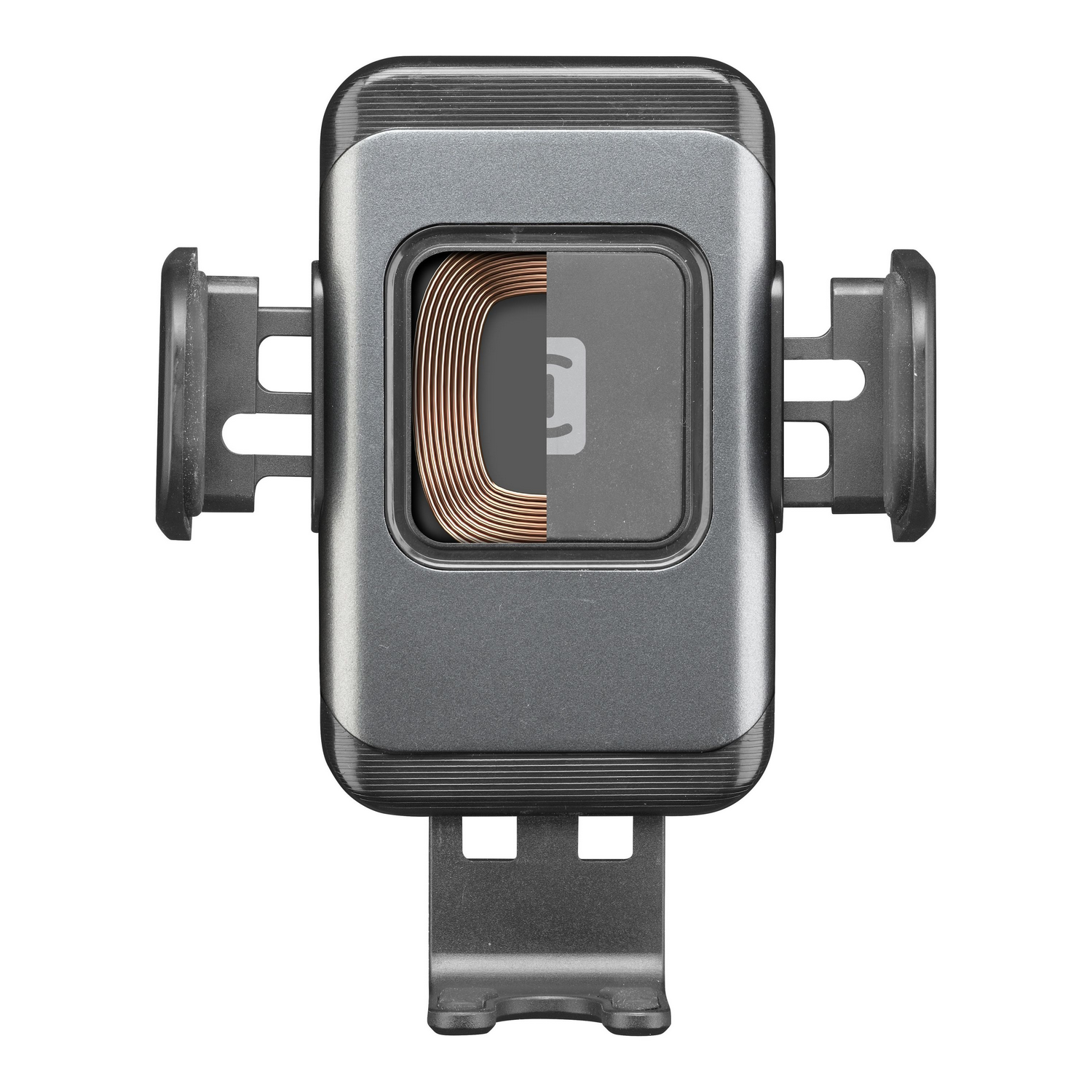 Un cargador de teléfono inalámbrico con cuerpo gris y brazos laterales.