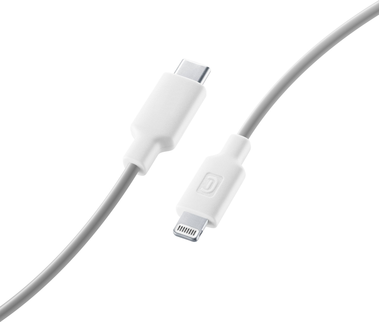 Un cable blanco USB-C a Lightning, con ambos conectores visibles.