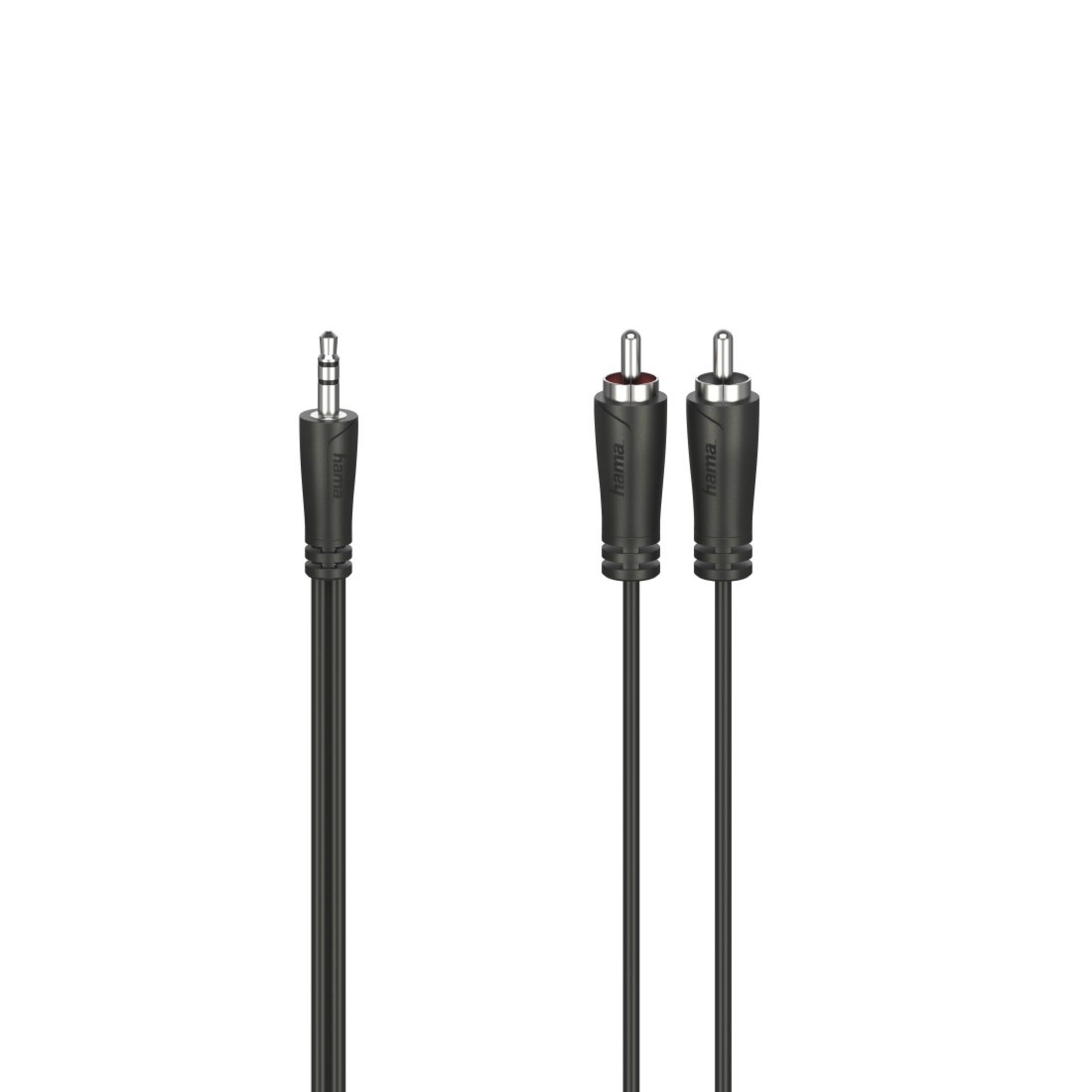 Cable de audio negro con un conector de 3,5 mm y dos conectores RCA. Fondo blanco.