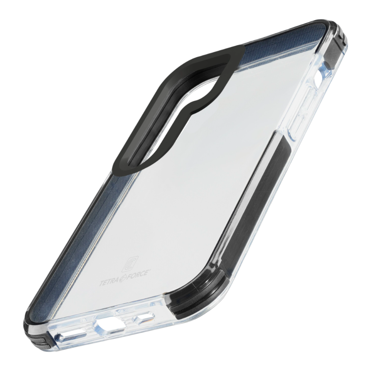 Una funda transparente para teléfono con marco negro. Con el logo Tetra Force.