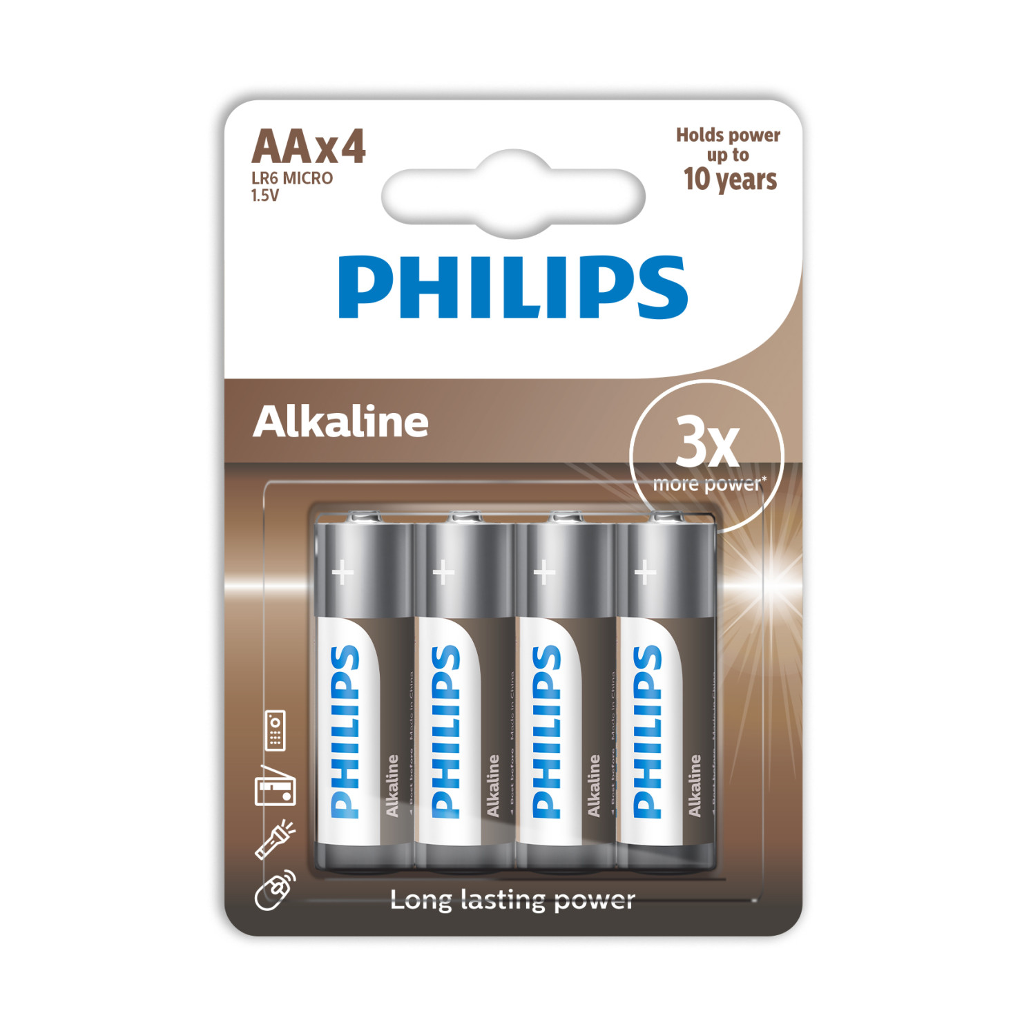 Quattro batterie AA in un blister. La confezione è bianca con il marchio Philips.