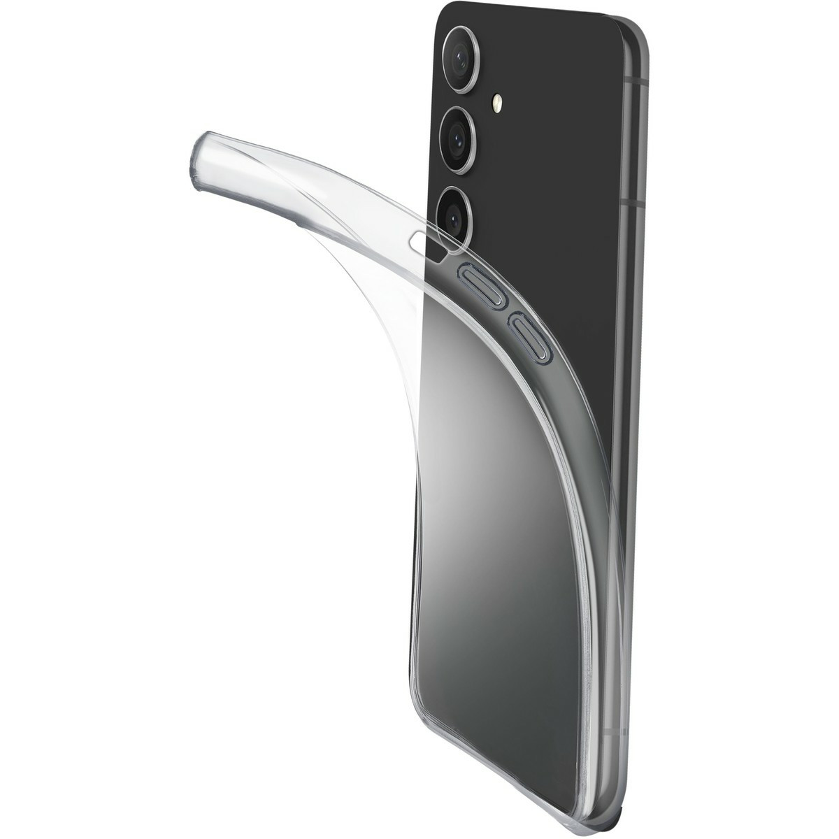 Una custodia trasparente per telefono su un telefono nero. La custodia è curva.