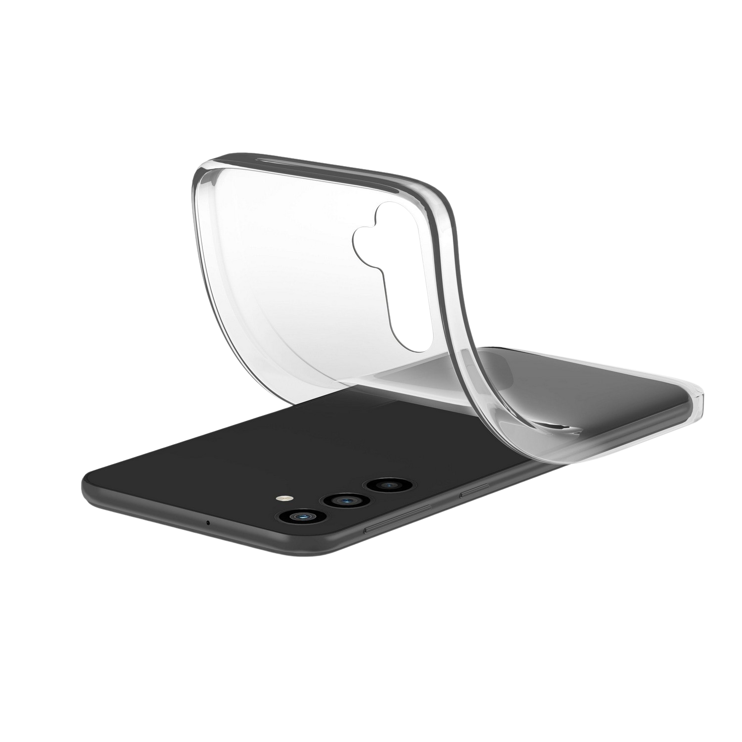 Una custodia trasparente su un telefono nero, con la custodia leggermente sollevata.