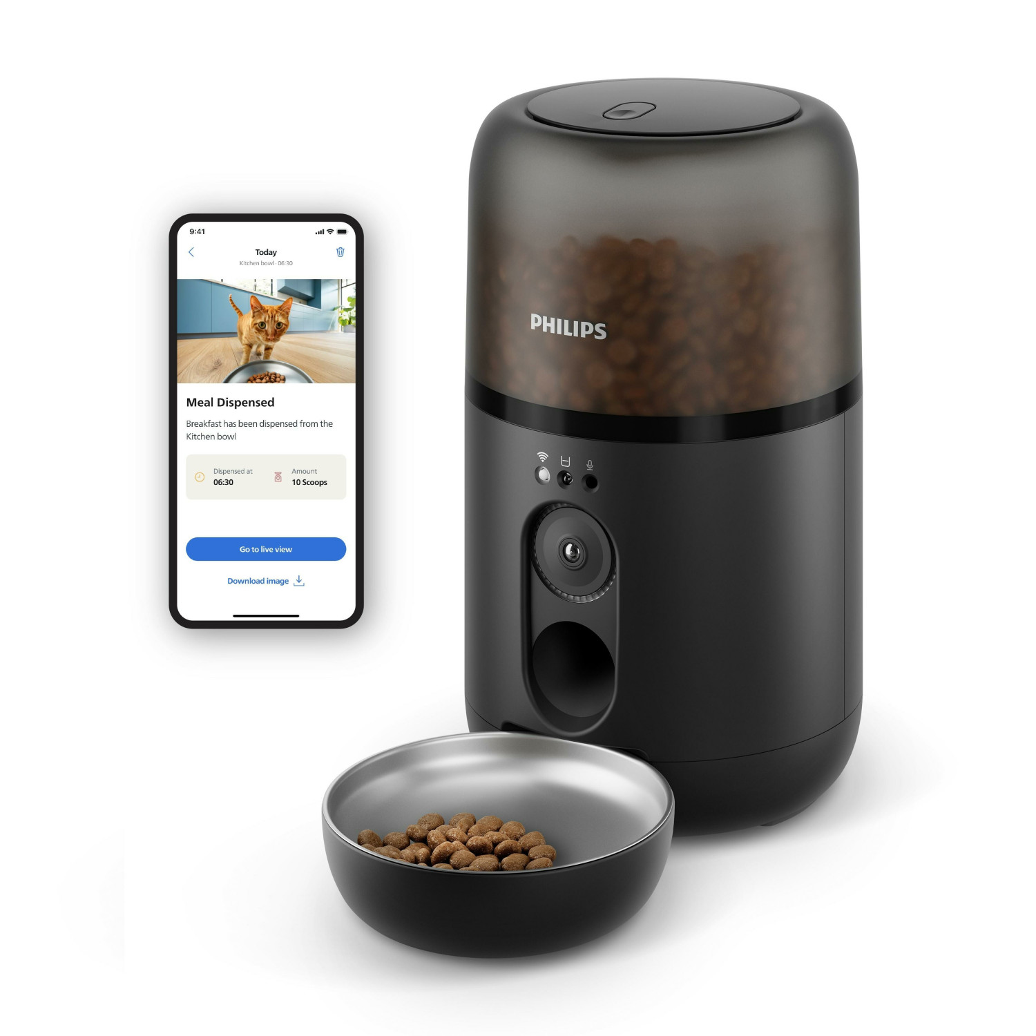 Een zwarte voerdispenser voor huisdieren met een bak en een telefoon met de app.