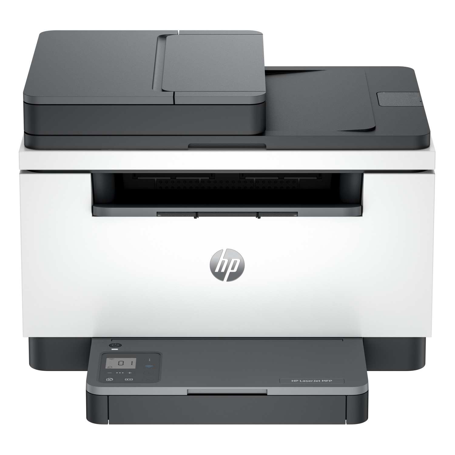 Una impresora HP Laser Jet MFP, blanca y negra, con escáner y bandeja de salida de papel.