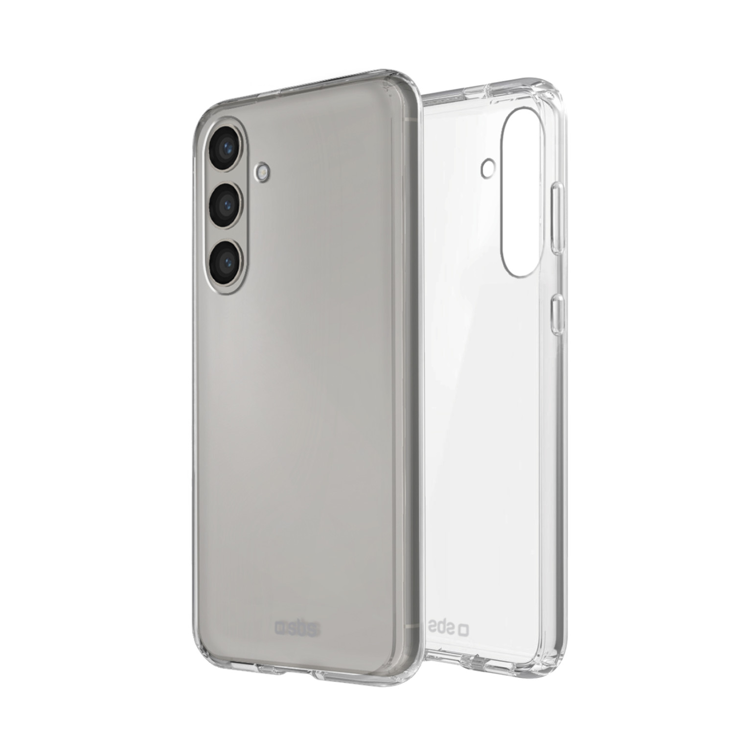 Custodia trasparente per telefono su sfondo bianco. La custodia è vuota e ha un modulo fotocamera.