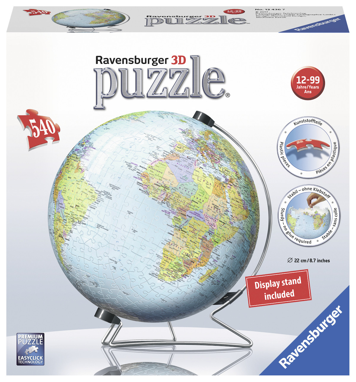 Puzzle 3D z globusem. Globus pokazuje kontynenty i oceany. Stojak ekspozycyjny w zestawie. Białe tło.
