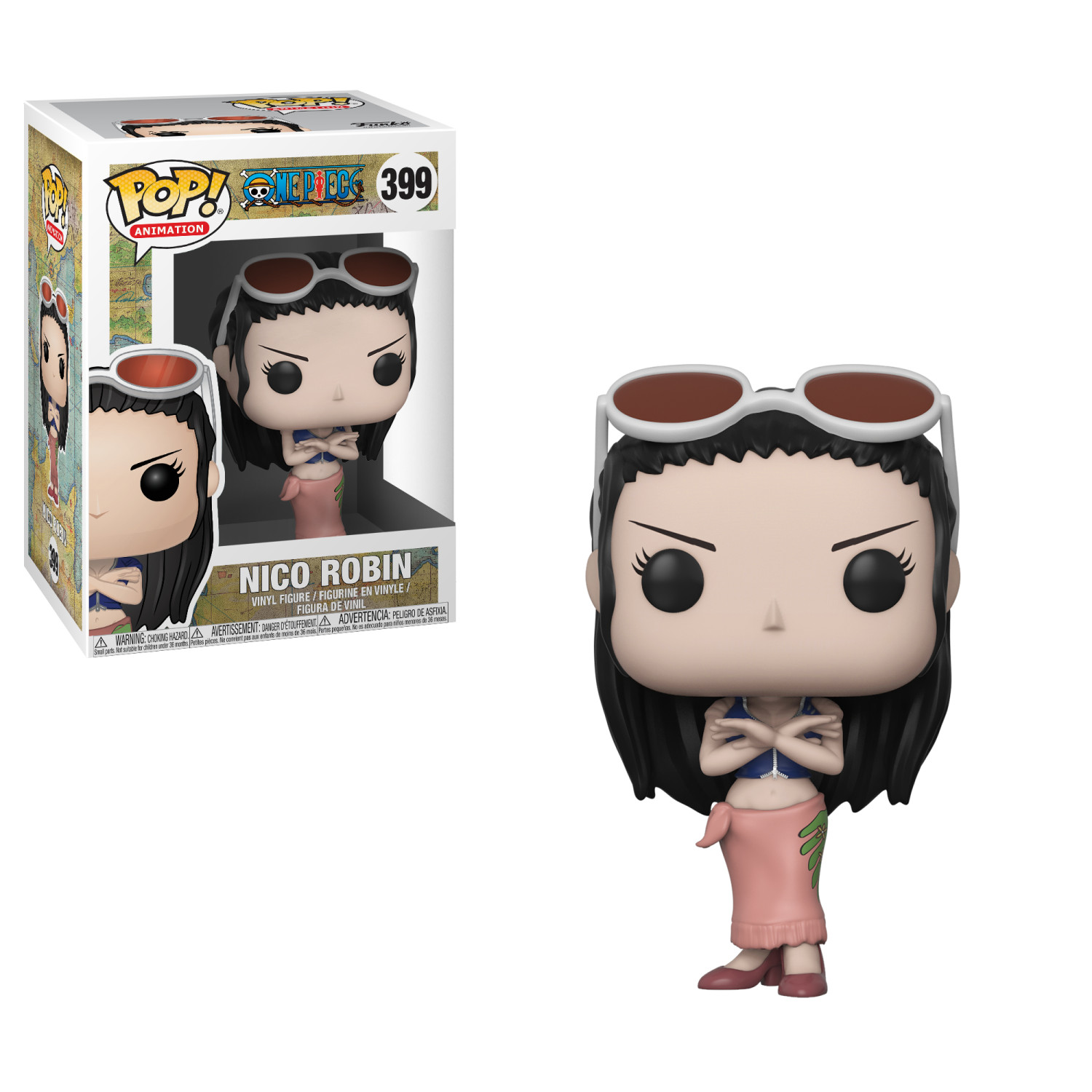 Figurka Nico Robin z One Piece, w pudełku i z założonymi rękami.