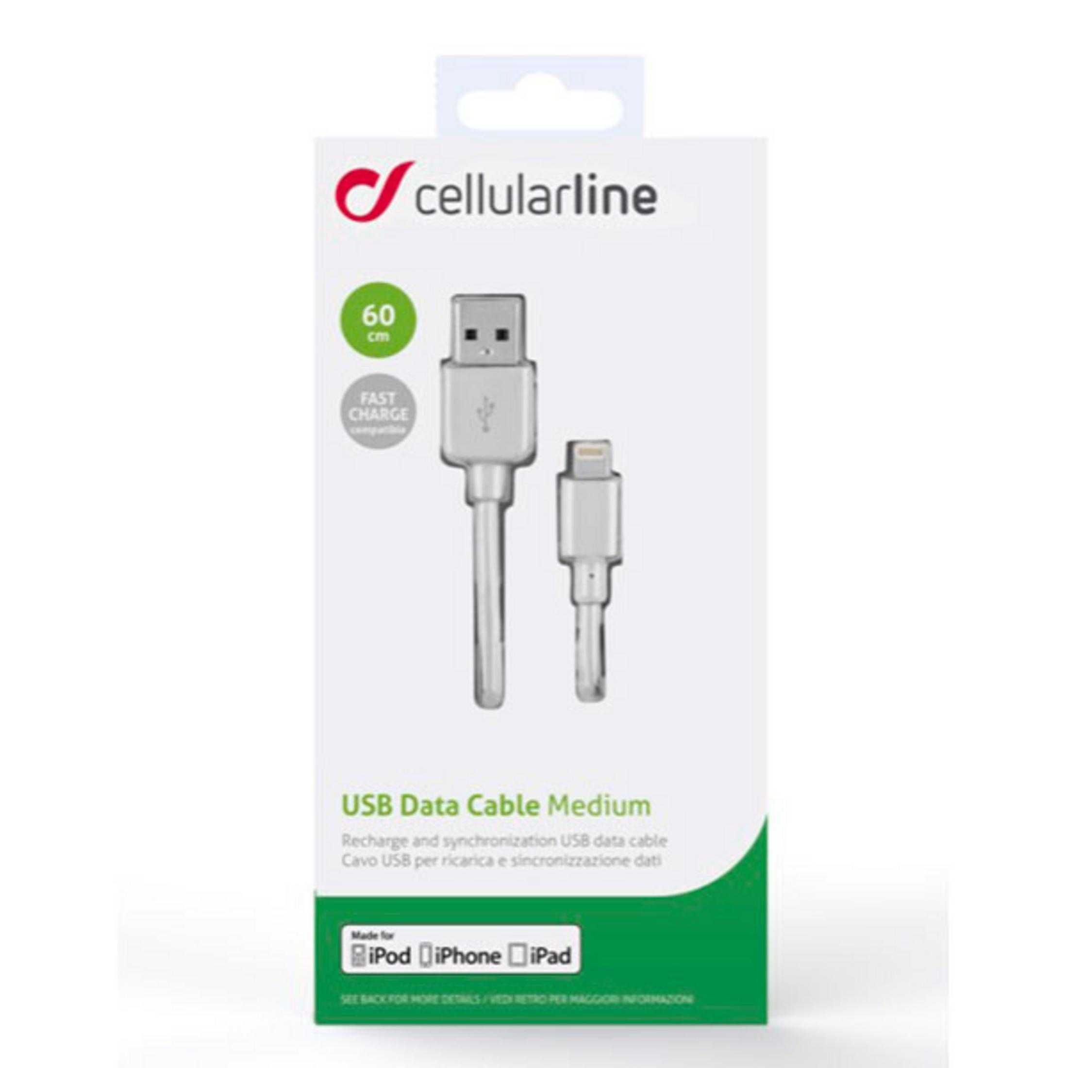 Un cable USB blanco con un conector Lightning, empaquetado en un contenedor blanco y verde, dice CARGA RÁPIDA.
