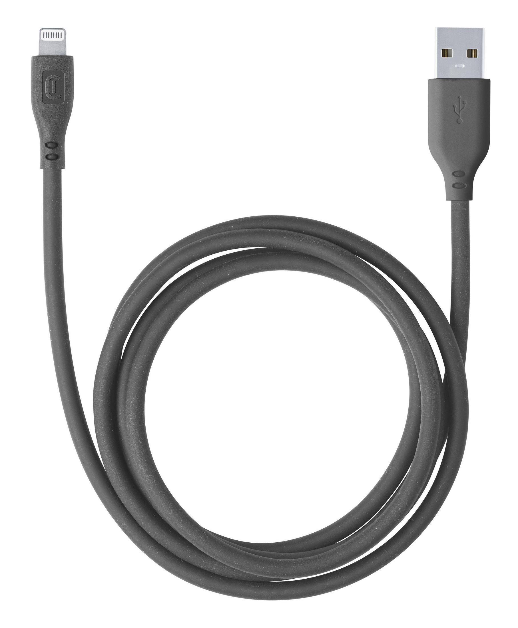 Un cavo di ricarica grigio scuro con connettori USB e Lightning, arrotolato.