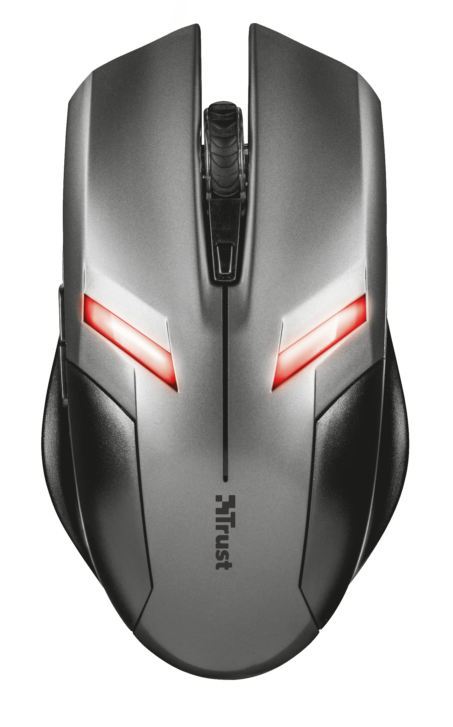 Un mouse da gioco argento e nero con luci rosse.