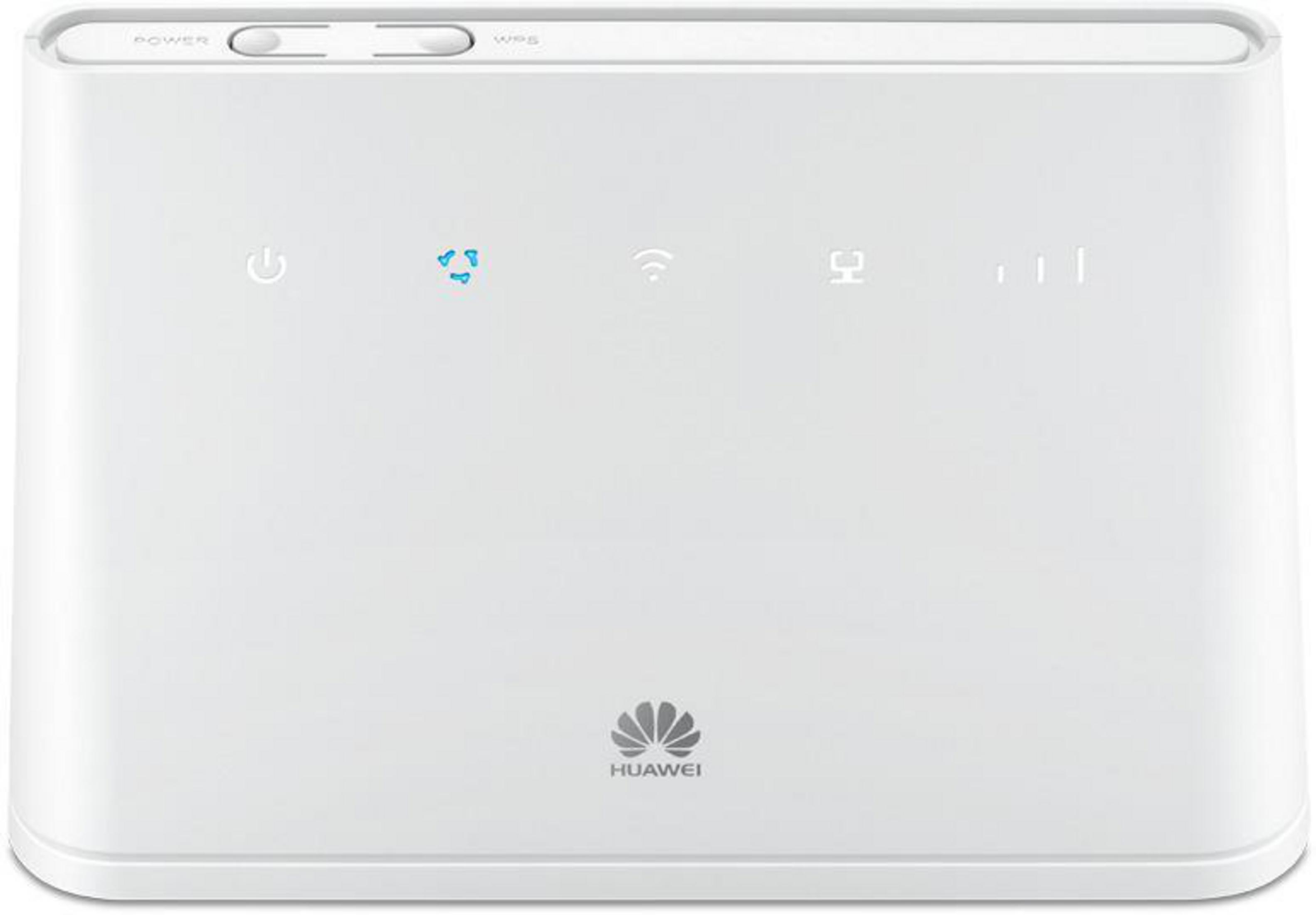 Biały router wifi ze wskaźnikami zasilania i połączenia oraz logo Huawei.