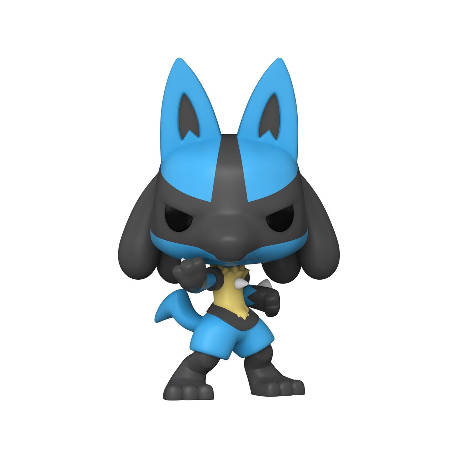 Lucario Funko Pop Figur mit blauen und schwarzen Details, vor weißem Hintergrund.