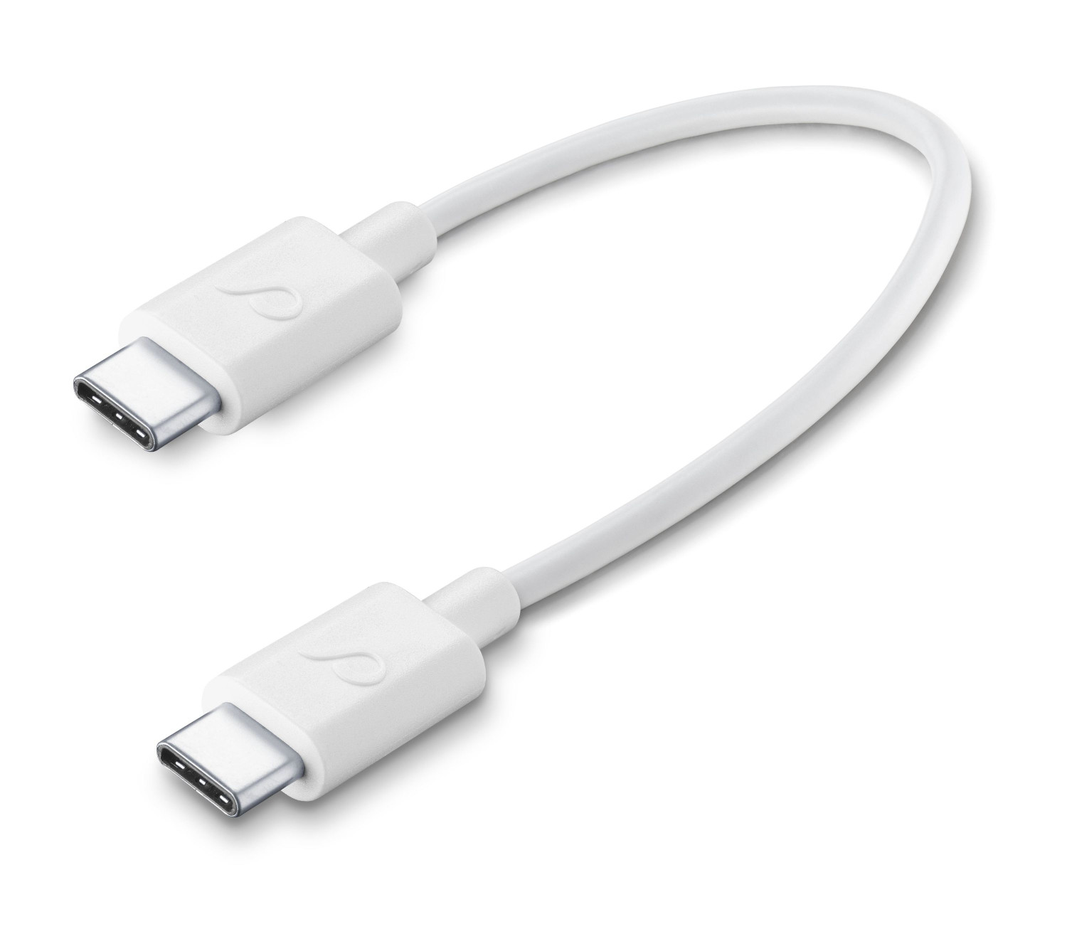 Un cable USB-C blanco con conectores. El cable está curvado.